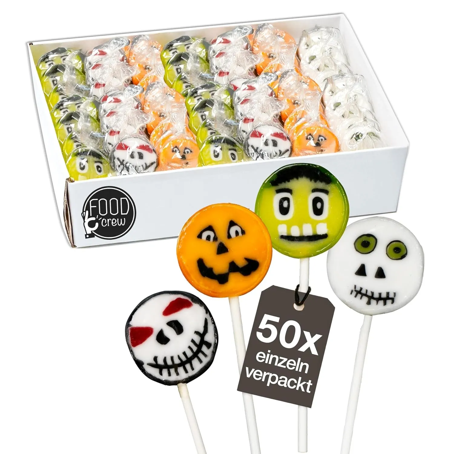 FOOD crew 50x Halloween Lollies - 4 Motive - Gruselige Süßigkeiten Halloween - Vegan mit Natürlichen Aroma & Farbstoffe…