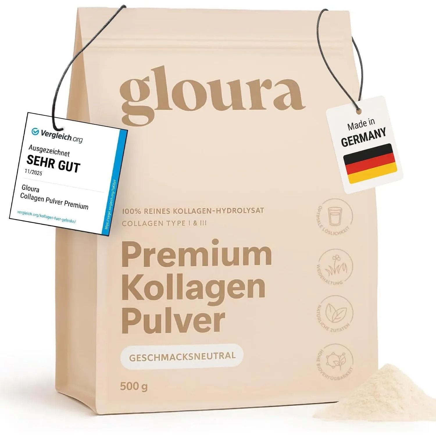 Premium Kollagen Pulver, 100 % reines Collagen Hydrolysat Typ 1 & 3, 500g - geschmacksneutral, frei von Zusätzen, gute …