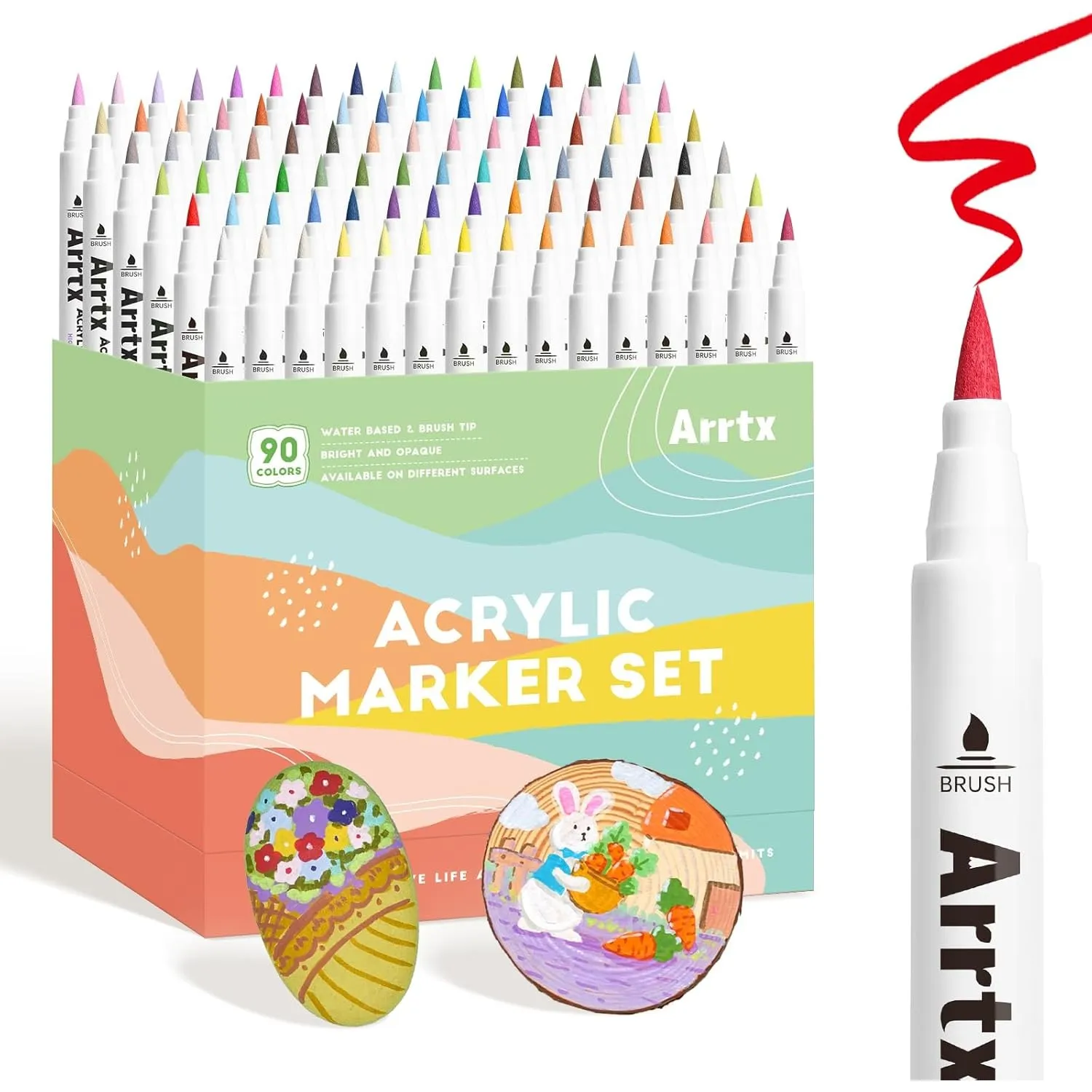 Arrtx Acrylstifte für Steine Wasserfest-90 Farben Pinsel Spitze Naturfarben Acrylmarker für Steinmalerei, Glas, Keramik…