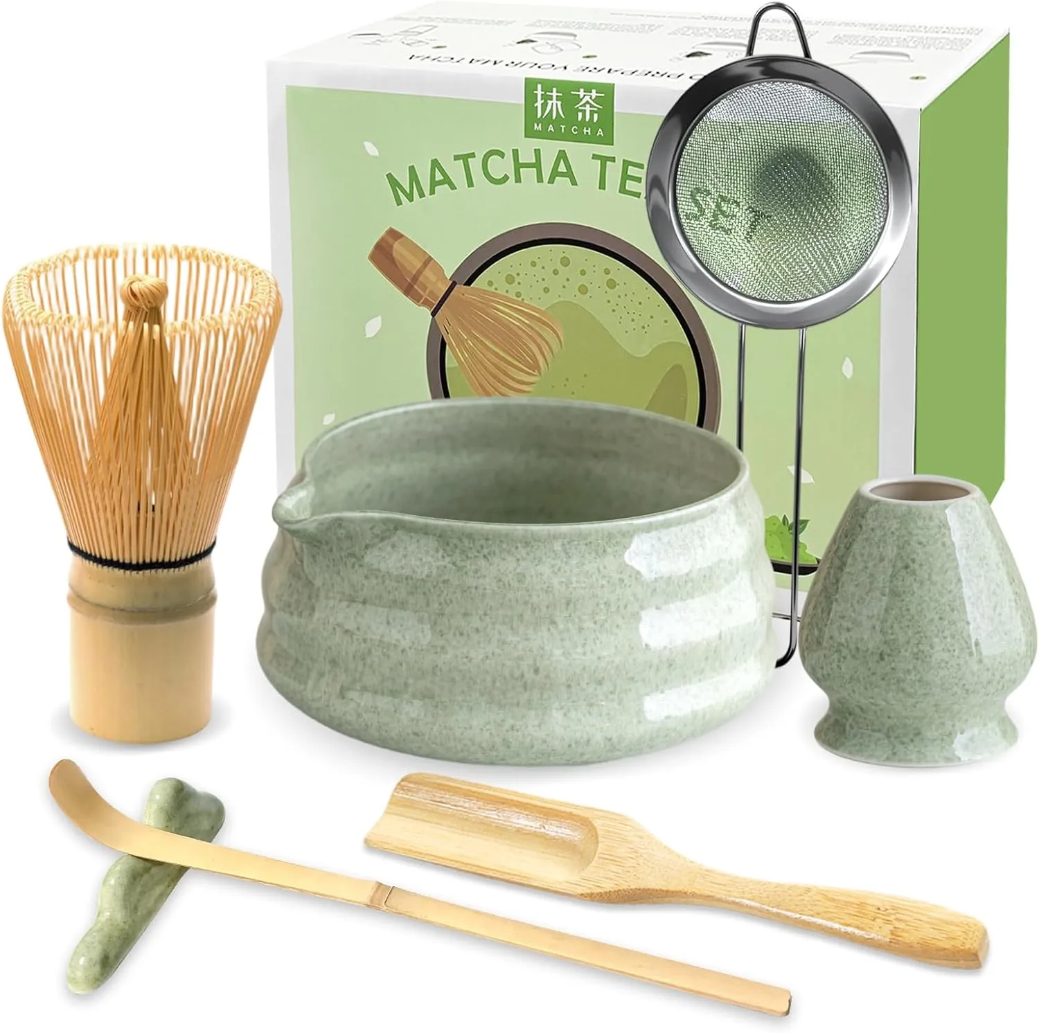 JBER Matcha Besen Set, Matcha Set 7-Teiliges - Matcha Besen und Besenhalter, Matcha Schale mit Auslauf, Sieb, Löffel un…