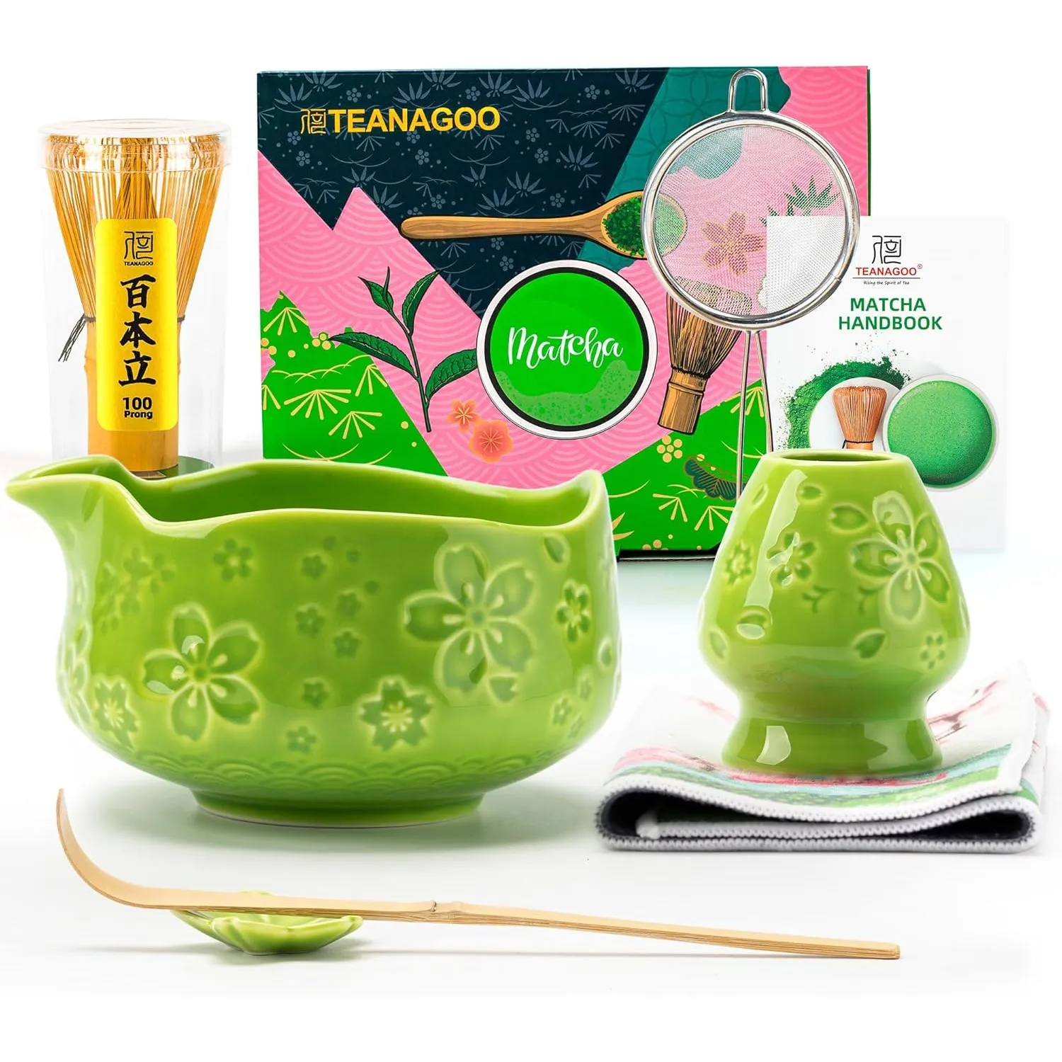 TEANAGOO 7 Stück Matcha Set grün, Keramik Schale (Chawan) mit Ausguss & Bambusbesen, Volles Matcha Zubehör für Zeremoni…