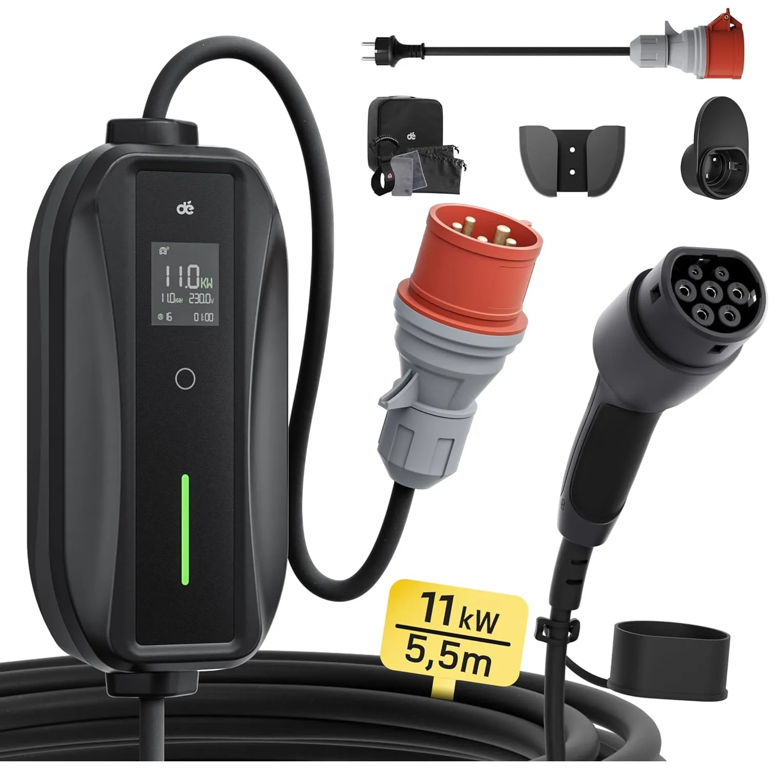 dé Mobile Wallbox 11kW [3-phasig,5,5m,6-16A] mit Einstellbarer Ladeleistung | Ladekabel für Auto CEE 16A 400V auf Typ 2…