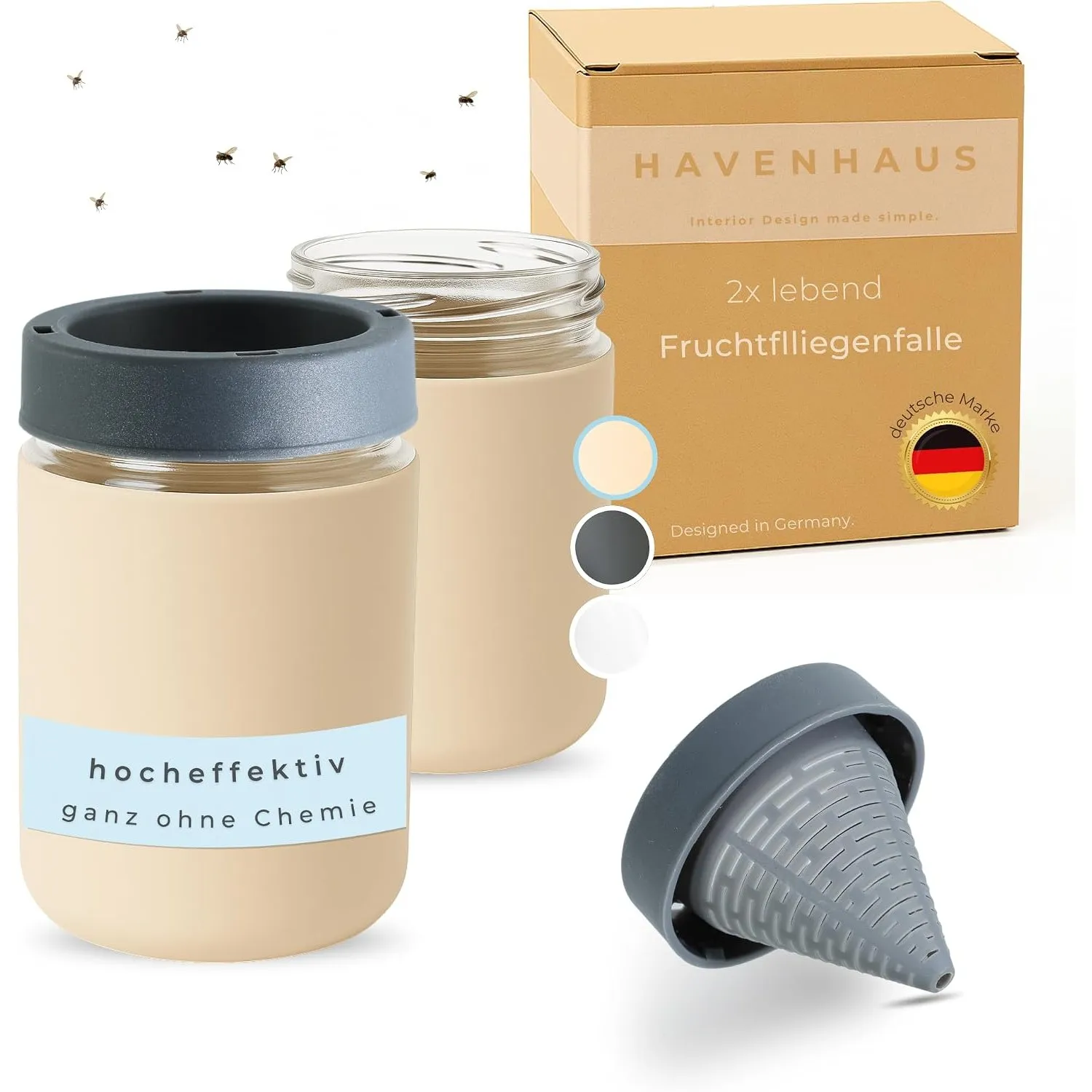 HAVENHAUS Fruchtfliegenfalle beige wiederverwendbar 2er Set | Obstfliegenfalle für Küche | Fruchtfliegen dauerhaft losw…