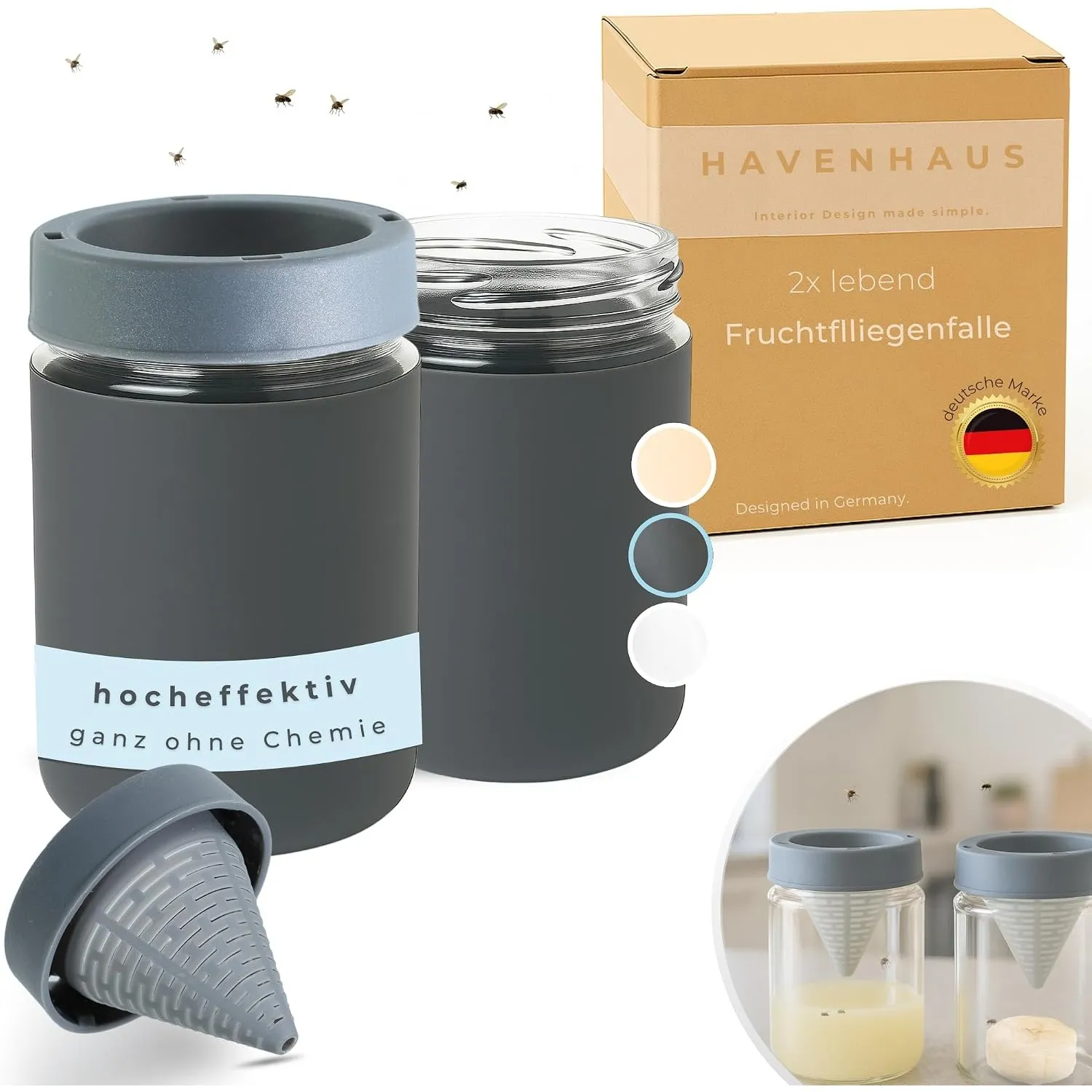 HAVENHAUS Fruchtfliegenfalle dunkelgrau wiederverwendbar 2er Set | Obstfliegenfalle für Küche | Fruchtfliegen dauerhaft…