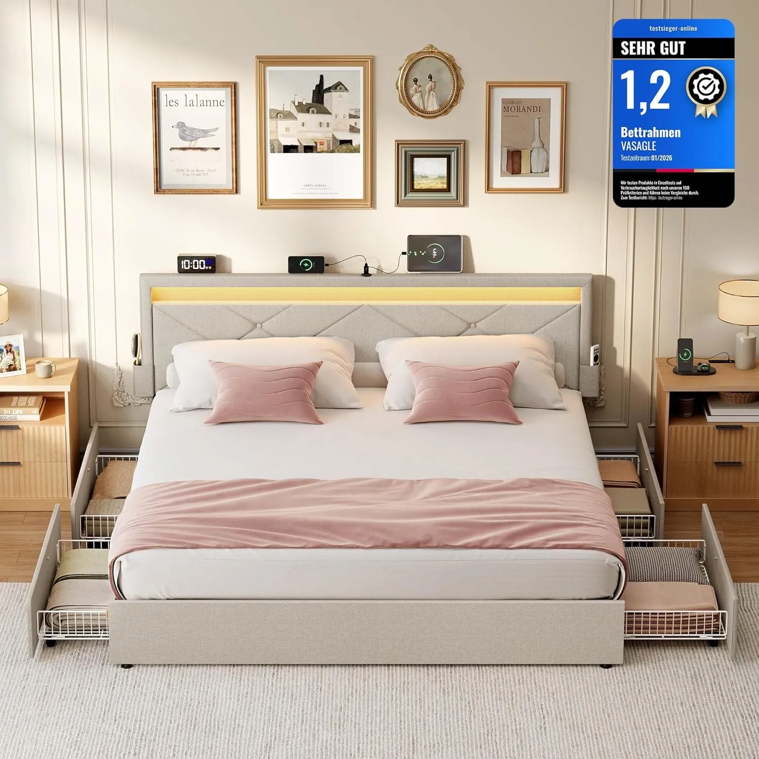 VASAGLE Doppelbettgestell, Bettgestell, 160 x 200 cm, LED, Metallbett, 4 Schubladen, Ladestation, verstellbares gepolst…
