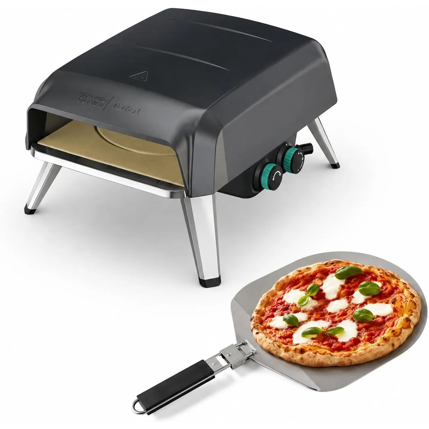 Jamie Oliver by Tefal Pizzaofen mit drehbarem Pizzastein, Pizzaofen für Zuhause, Gas-Pizzaofen, 360° drehbarer Stein, k…