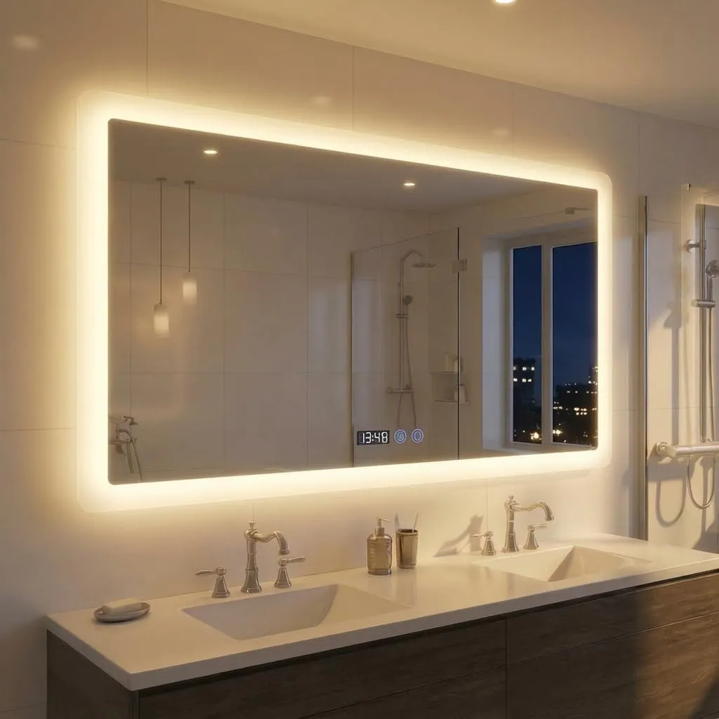 YOURLITE Badspiegel mit Beleuchtung 100x60 cm,LED Badezimmerspiegel mit Uhr