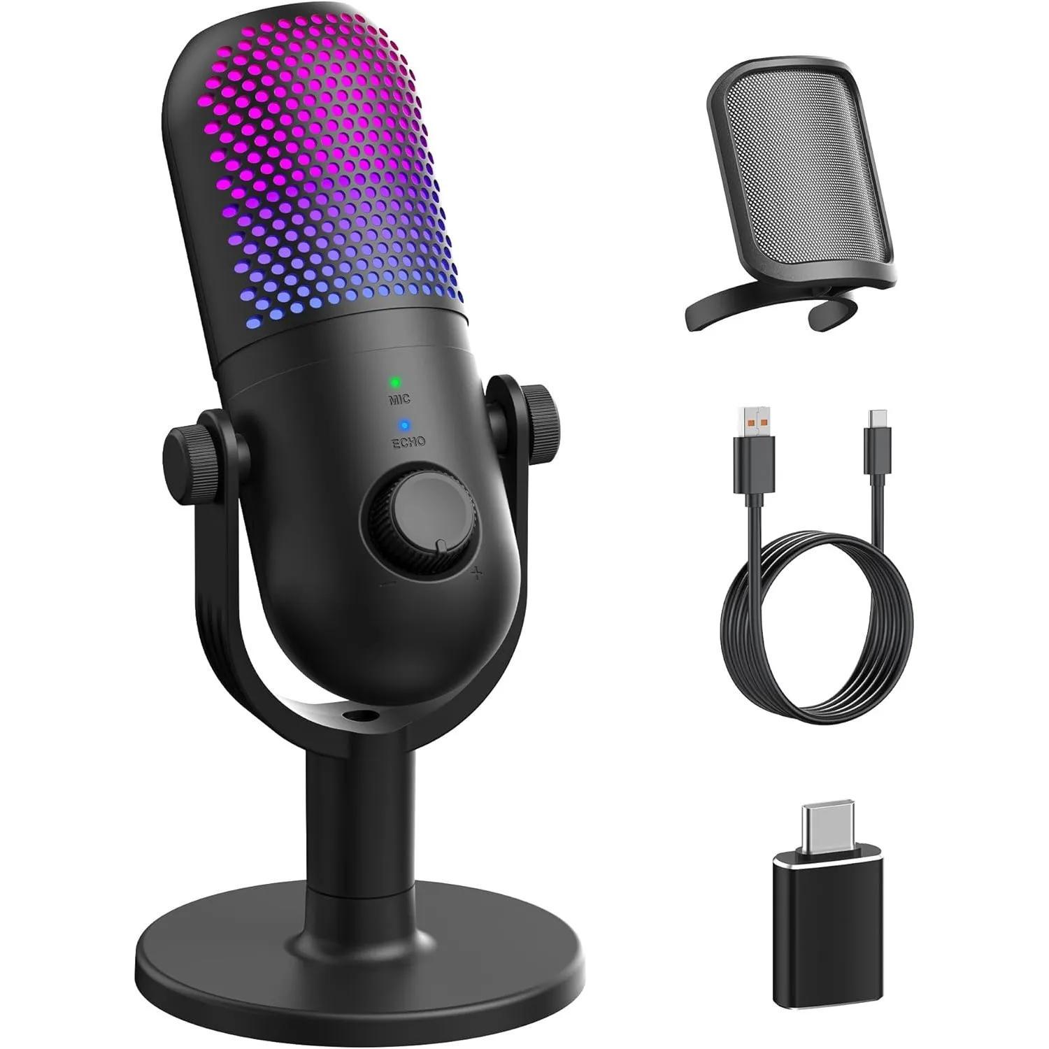USB Mikrofon PC Gaming RGB: Microphone PC Schwarz - Zubehör PS4 & PS5 - Gaming Mic mit Stumm & Gain & Echo - Gadgets La…