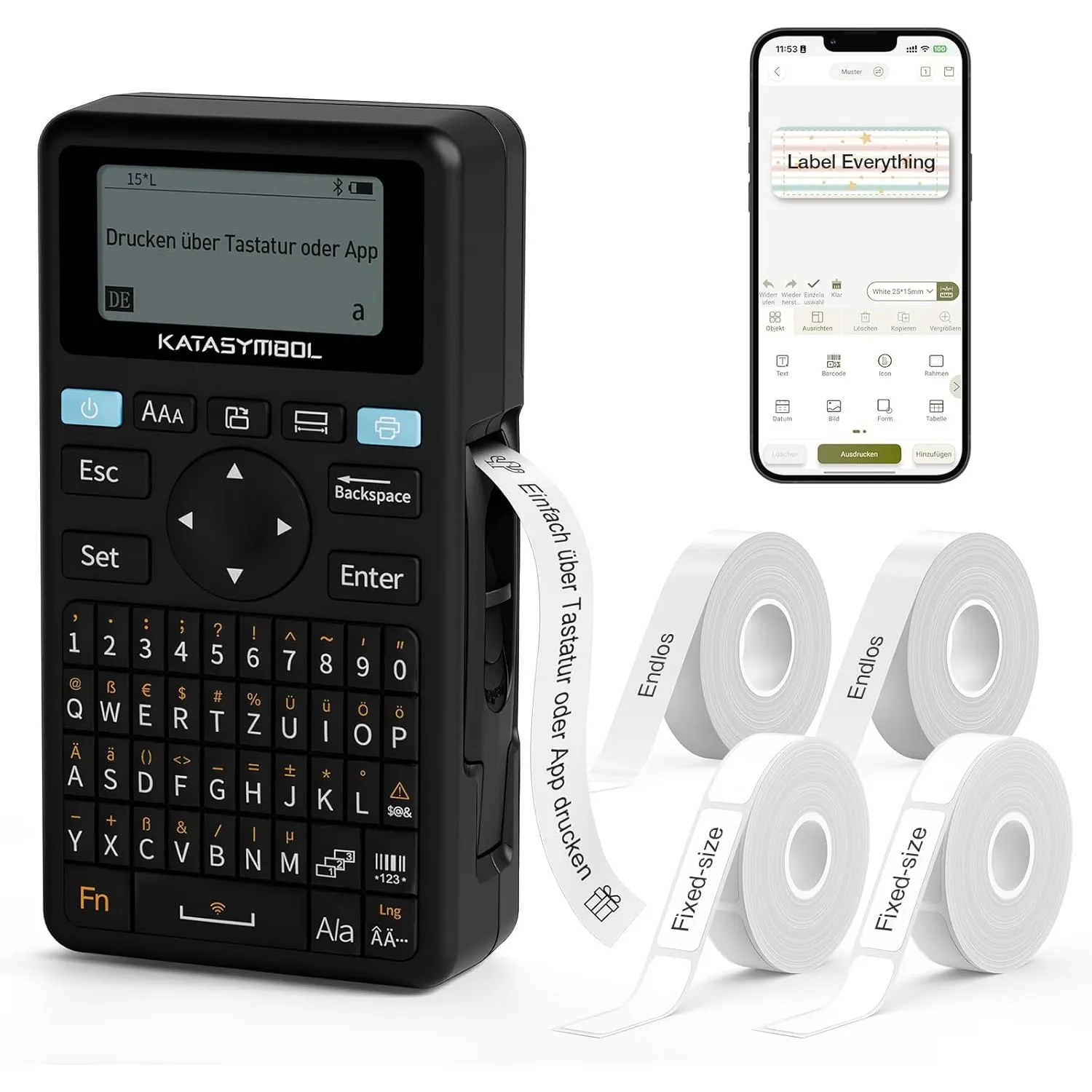 SUPVAN E11 Etikettendrucker mit QWERTZ-Tastatur und Bluetooth, 4 Rollen