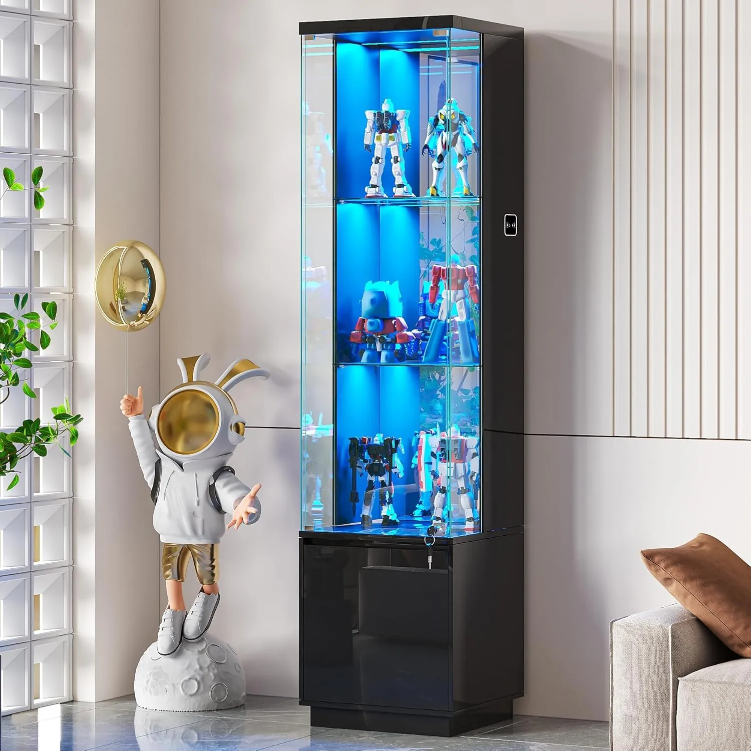Glasvitrine mit LED Beleuchtung und Schubladen für Sammlerstücke,Schwarz