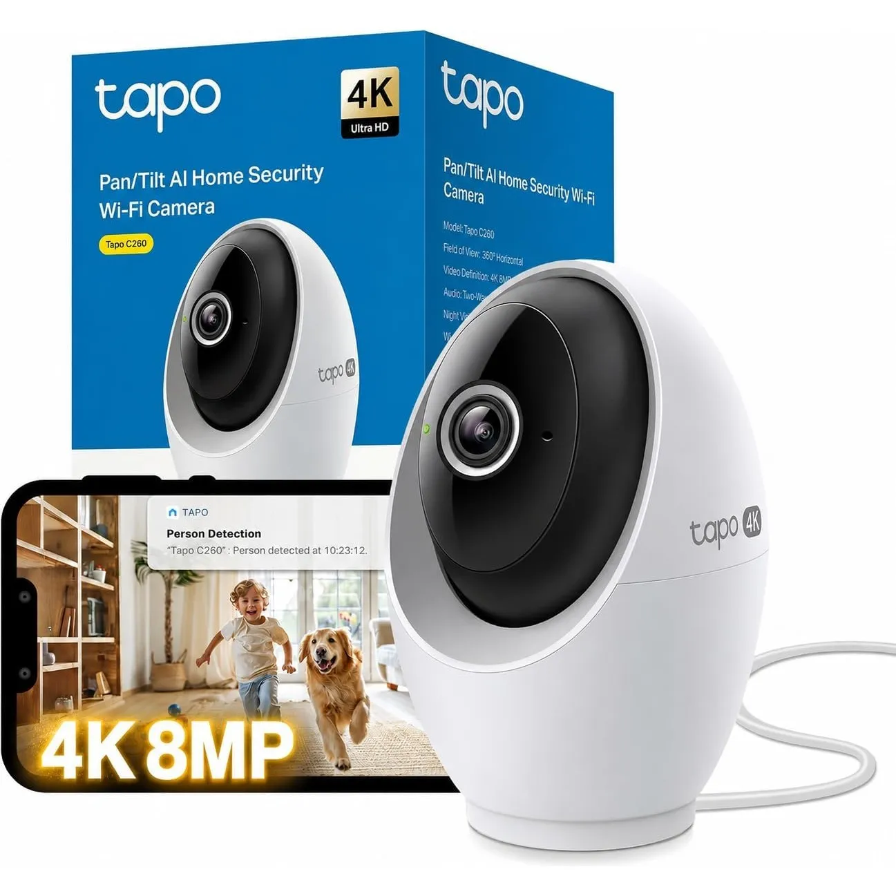Tapo C260 4K 8MP Überwachungskamera Innen 360°, Lokale KI-Erkennung, Physischer Privatsphärenmodus, 18-Facher Digitalzo…