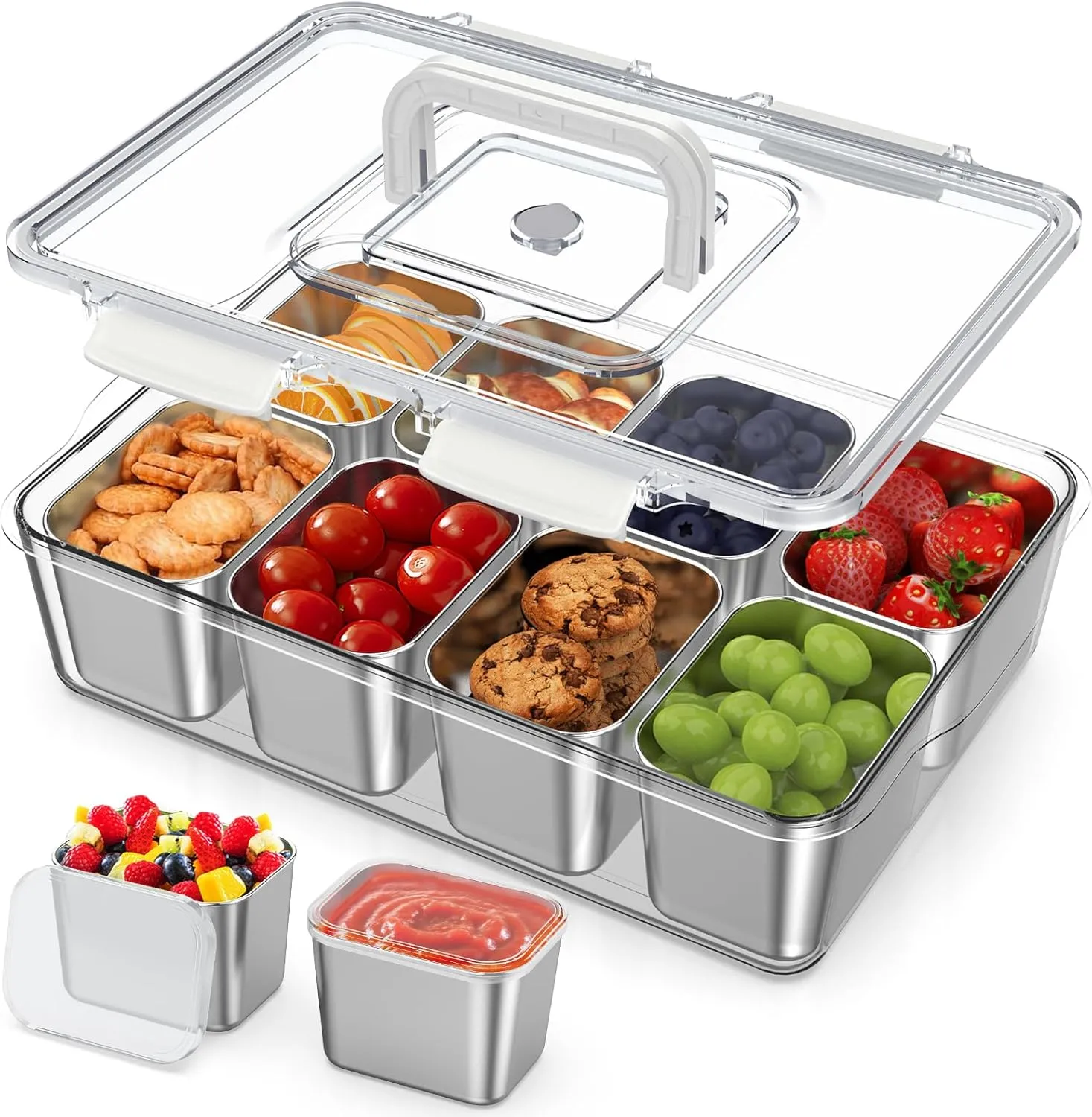 JINDUN Snack Box with 8 Stainless Steel Compartments, Snack Plate with Handle and 8 Individual Lids, Prevents Odour Tra…