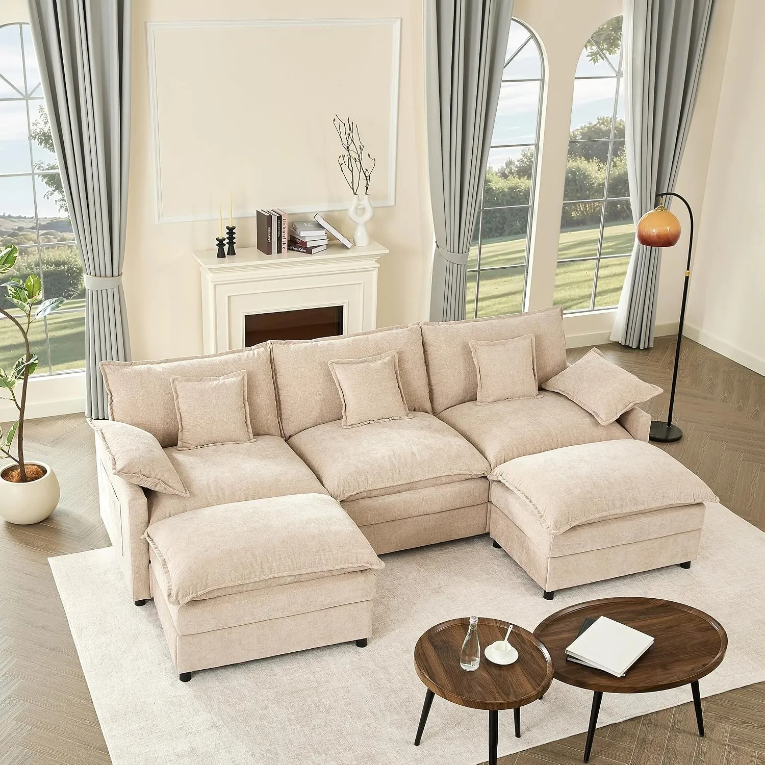 U-förmiges modulares Sofa 3-Sitzer Ecksofa mit Hocker, tiefes Sitzdesign, Cloud Couch für Wohnzimmer(Hellbraun)