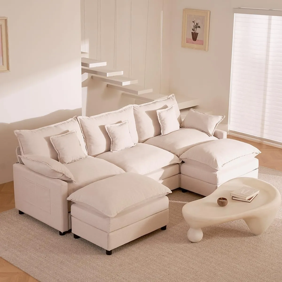 U-förmiges modulares Sofa 3-Sitzer Ecksofa mit Hocker, tiefes Sitzdesign, Cloud Couch für Wohnzimmer(Beige)