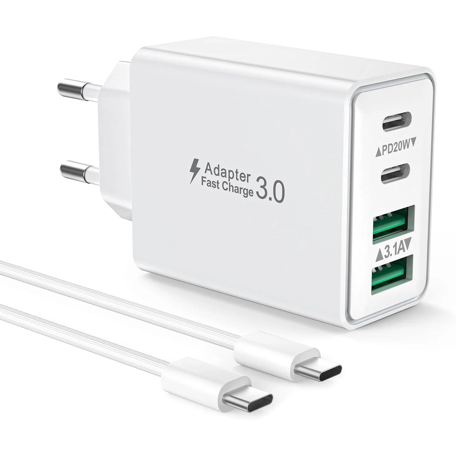 USB C Ladegerät mit USB C Kabel 2M, 40W 4-Ports Schnellladegerät Stecker für iPhone 17 16 15 Pro Max Plus, iPad, Handys…
