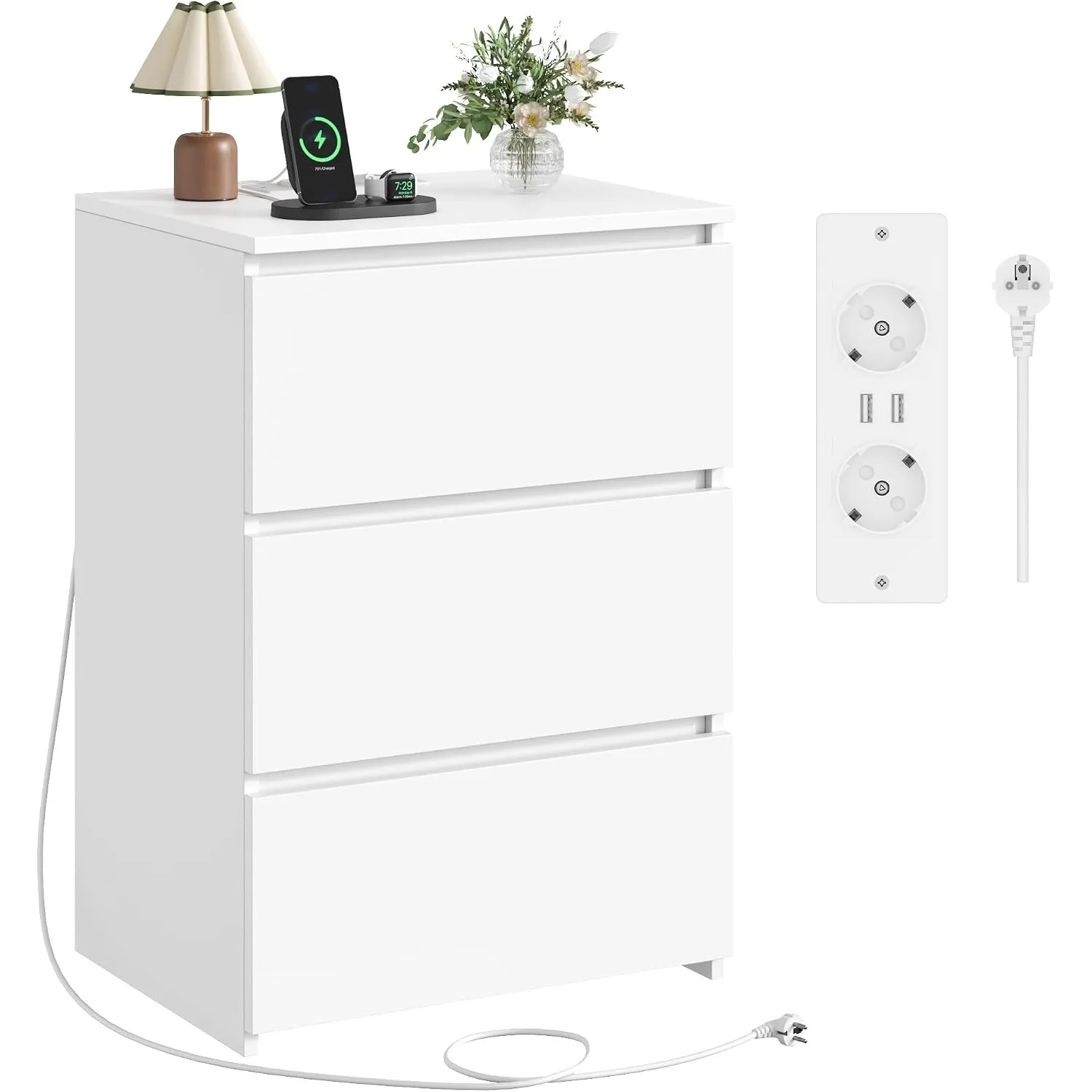 FirFurd Nachttisch mit Steckdosenleiste Nachtschrank 3 Schublade 45x38x66cm | Beistelltisch mit 2 AC-Steckdosen, 2 USB-…