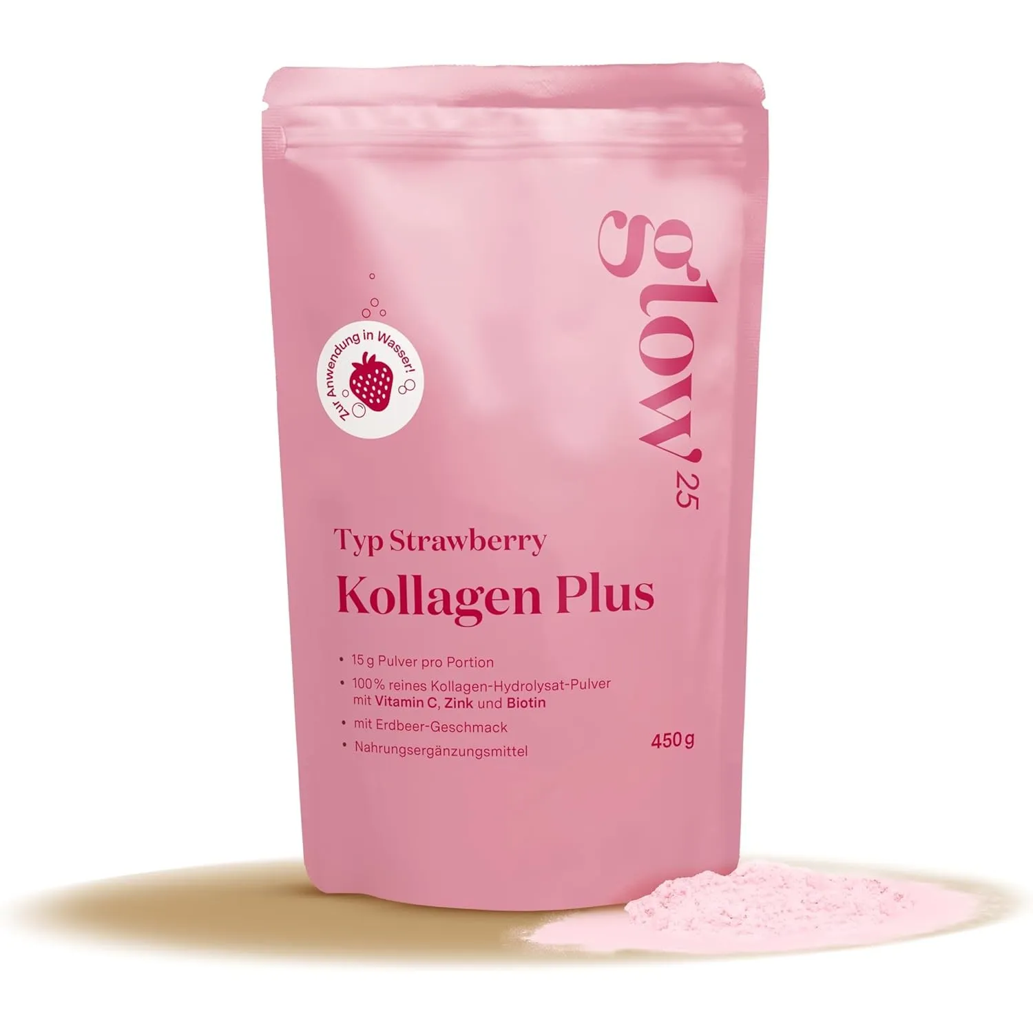 Glow25® Collagen Plus Pulver Strawberry [450g] – Kollagen Hydrolysat mit Vitamin C, Zink und Biotin – Peptide Typ 1 und…