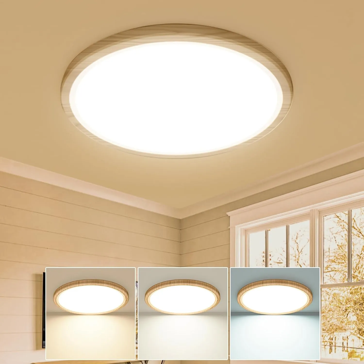slochi Deckenlampe LED Deckenleuchte Flach, Ø22CM 3Farben 18W 1800LM Wooden | Wasserfest Rund Badlampe Decke, Modern LE…