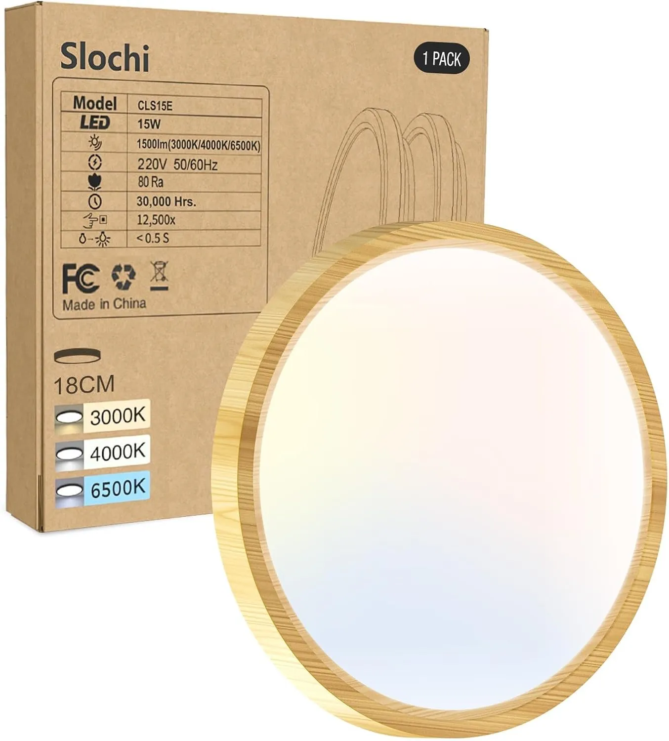 slochi Flat LED Ceiling Light, 18 cm Diameter, 3 Colours (3000 K/4000 K/6500 K), 1500 LM, IP44 Waterproof Round Bathroo…