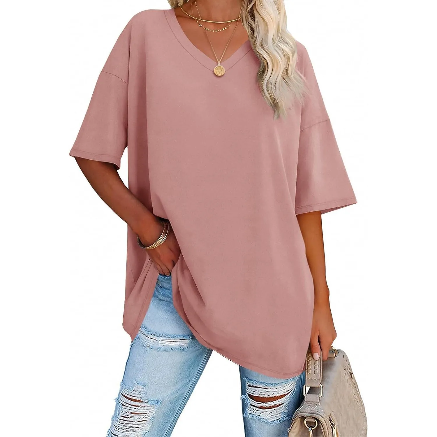 Ebifin Damen T Shirt Oversize Oberteile V-Ausschnitt