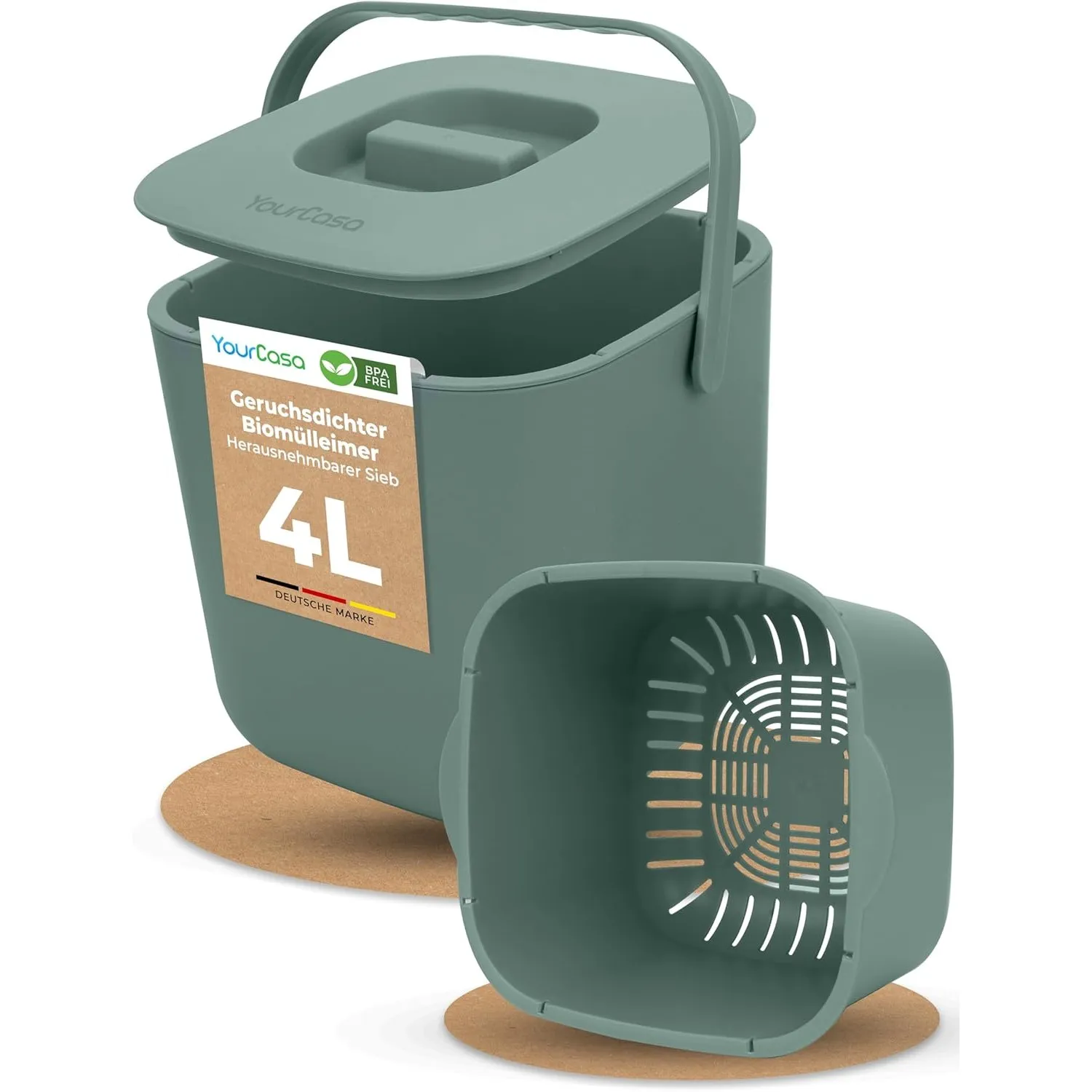 YourCasa Biomülleimer Küche 4L - Komposteimer mit herausnehmbarem Sieb & Deckel - geruchsdicht, spülmaschinenfest & ohn…