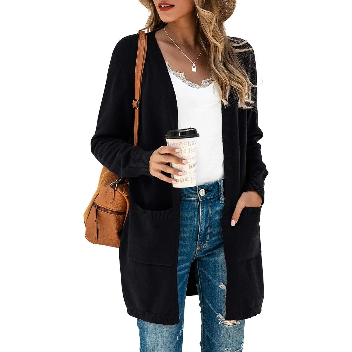 Saodimallsu Strickjacke Damen Lang Leicht Cardigan Langarm Open Front Strickpullover Einfarbig Freizeit Strickmantel Ou…