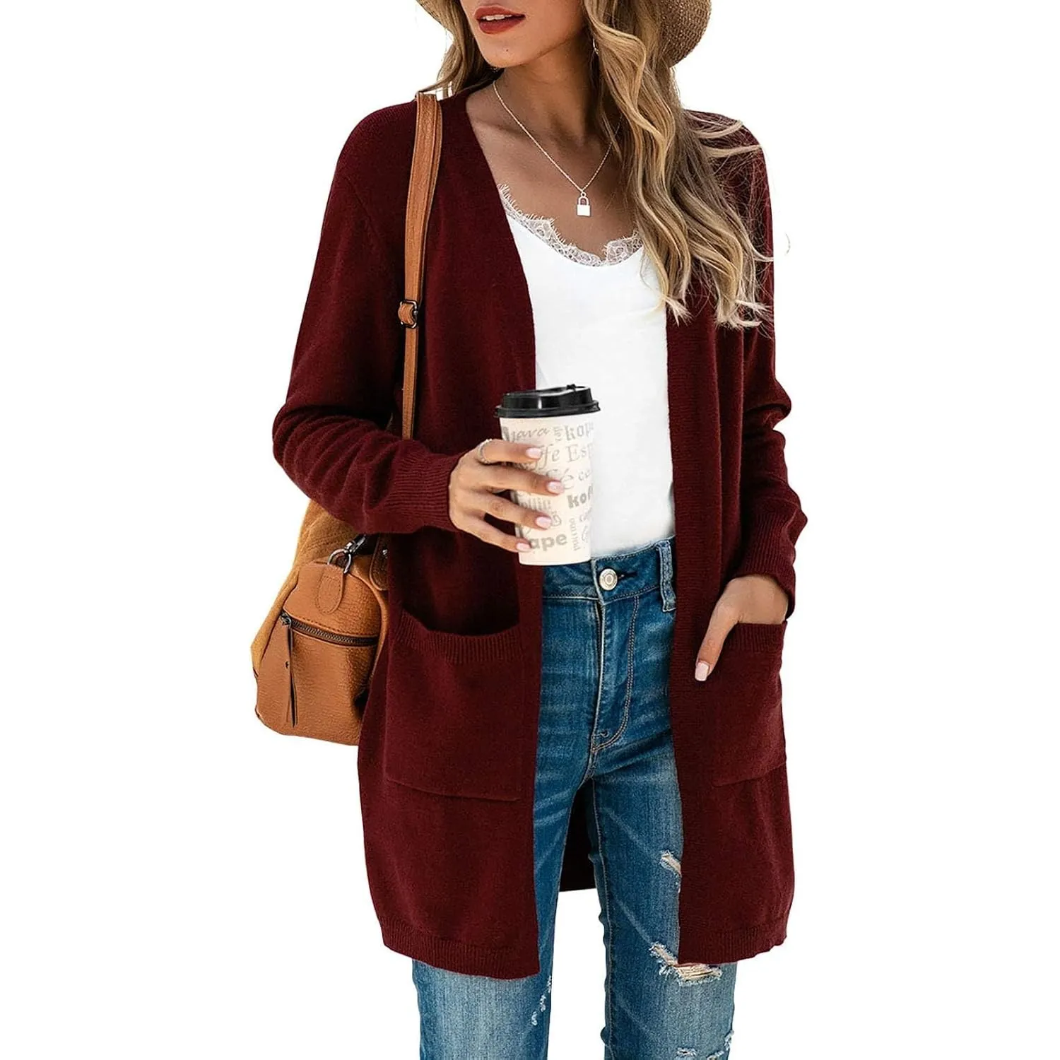Saodimallsu Strickjacke Damen Lang Leicht Cardigan Langarm Open Front Strickpullover Einfarbig Freizeit Strickmantel Ou…