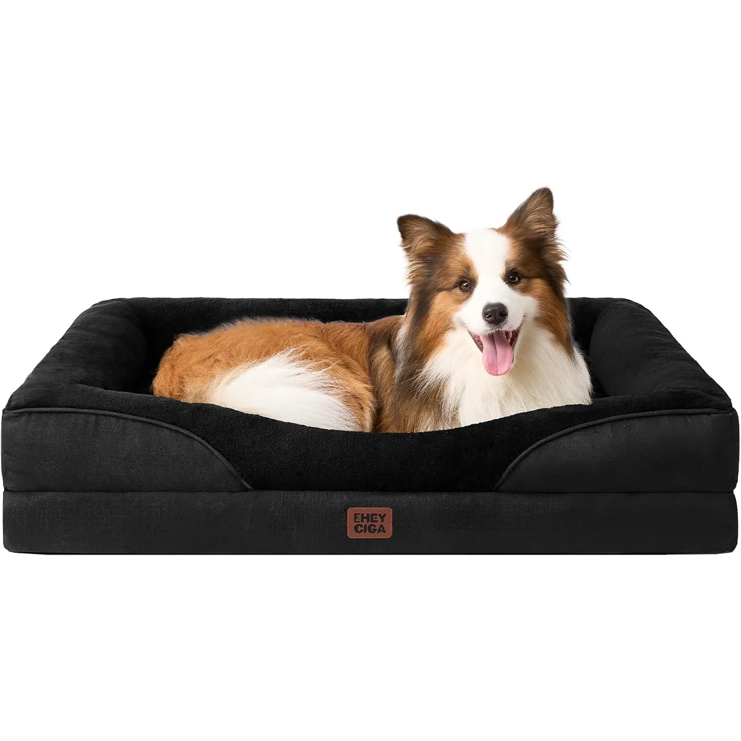 EHEYCIGA Orthopädisches Hundebett mit 4 Rändern, 91x68cm, Schwarz | Memory Foam, Waschbarer Bezug, Wasserdichte Beschic…