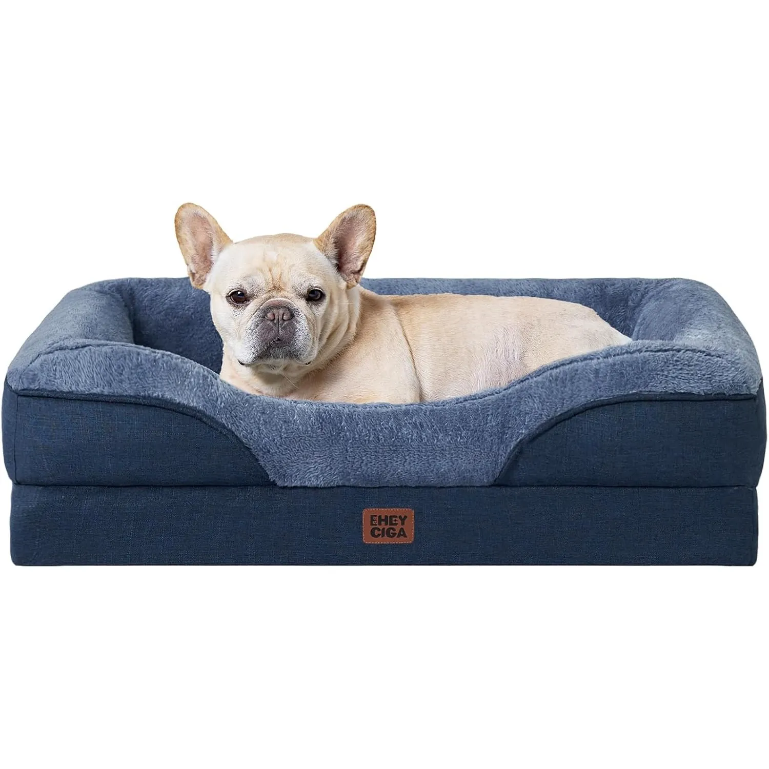 EHEYCIGA Orthopädisches Hundebett mit 4 Rändern, 76x51cm, Marineblau | Memory Foam, Waschbarer Bezug, Wasserdichte Besc…
