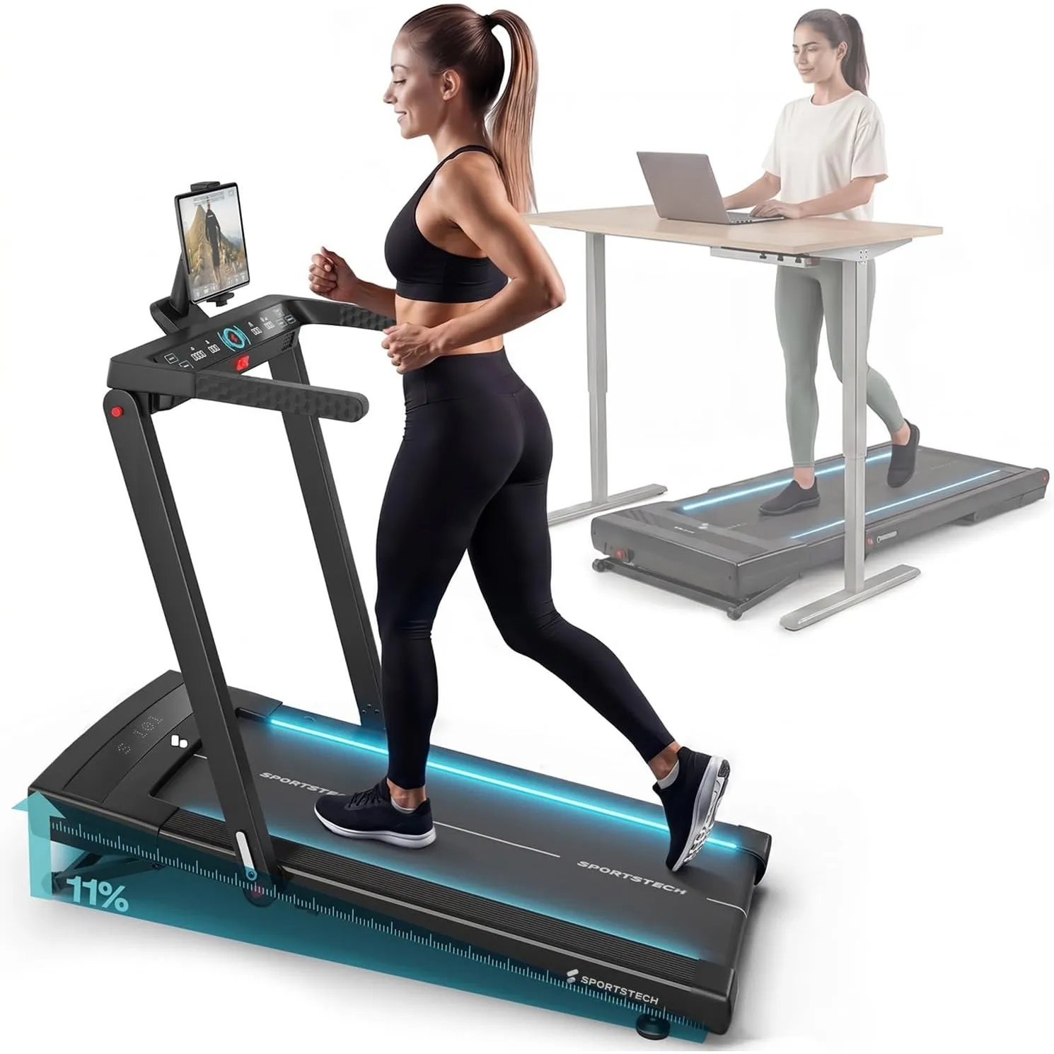 Sportstech Walking Pad Laufband für Zuhause 150kg, 2in1, 15 km/h, klappbar