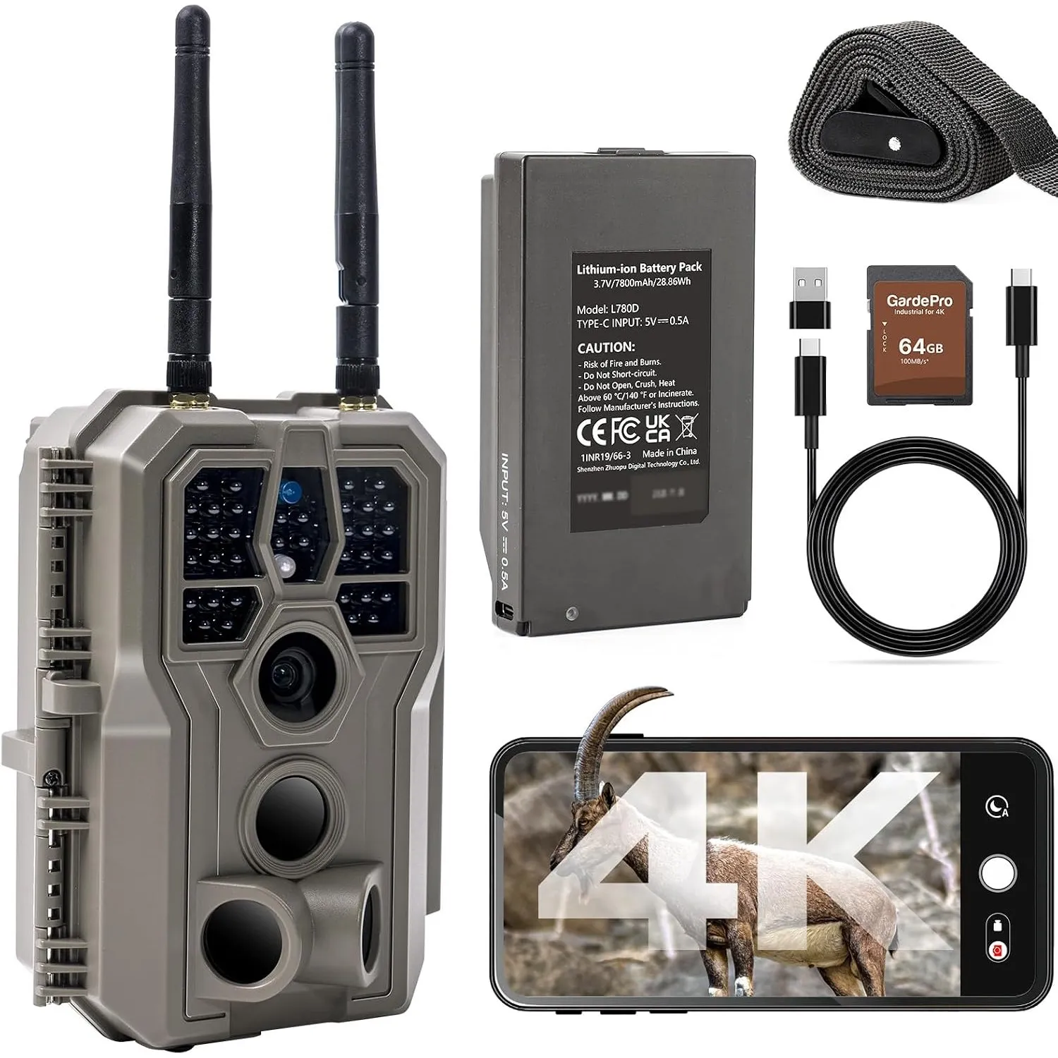 GardePro E8 2.0 Pro 4K Wildkamera WLAN, 7800mAh Akku, 64GB SD Karte