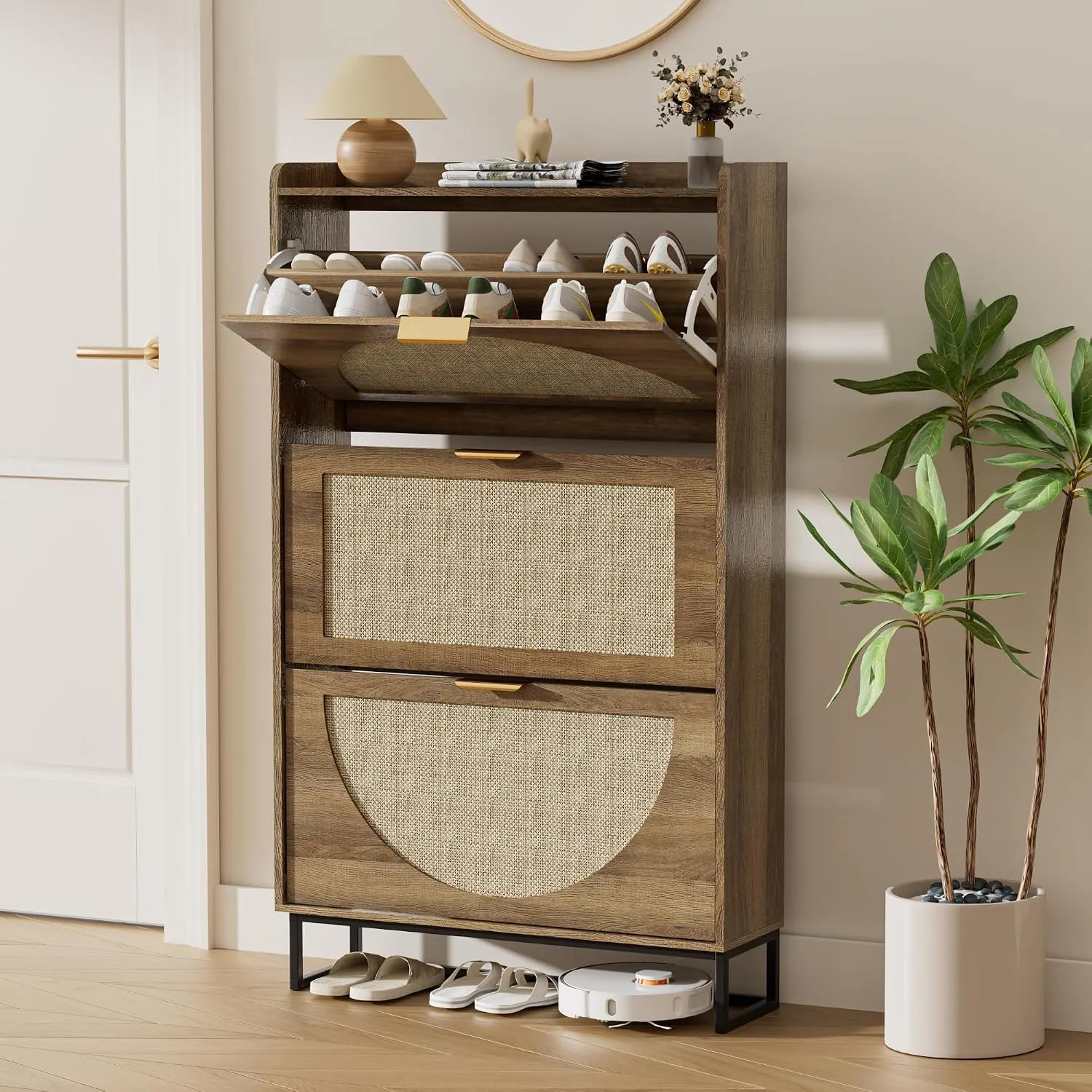 Schuhkommode mit 3 Klappfächern, Großer Rattan Schuhschrank Schmal Holz