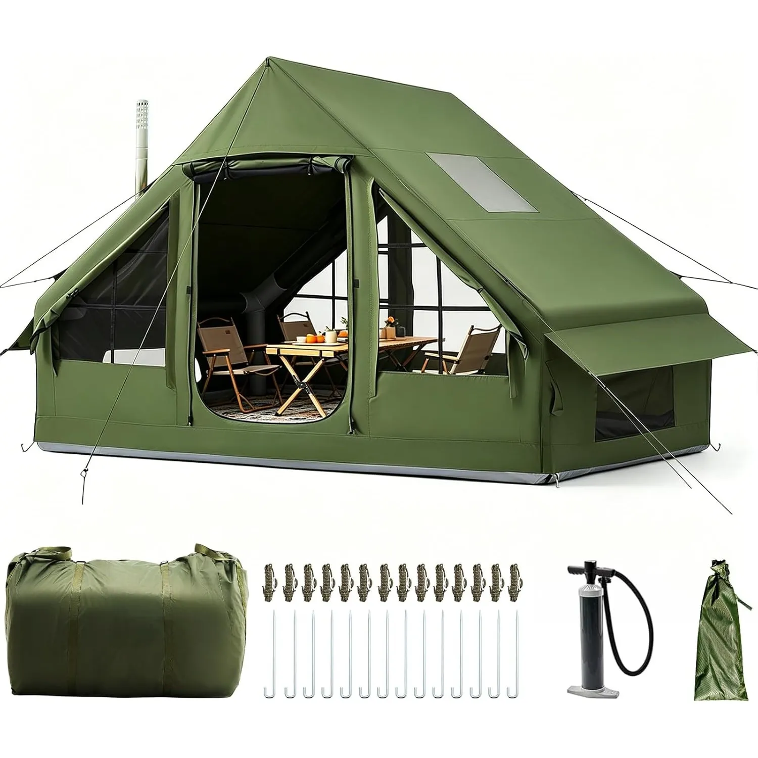 Aufblasbares Campingzelt mit Kaminöffnung & Dachfenster, Aufblasbare Zelt für 2-10per mit Luftpumpe, Zelt Aufblasbar au…