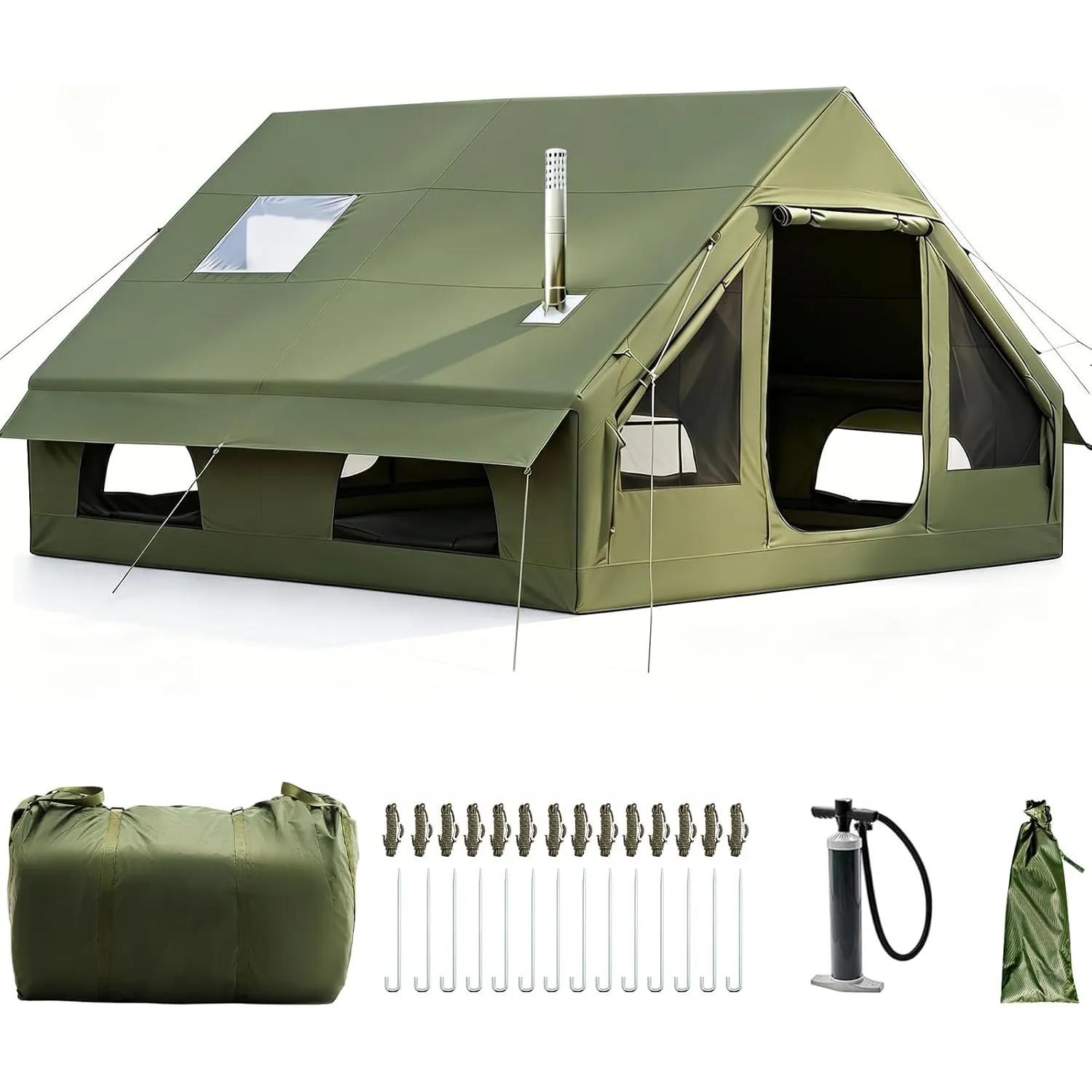 Aufblasbares Campingzelt mit Kaminöffnung & Dachfenster, Aufblasbare Zelt für 2-10per mit Luftpumpe, Zelt Aufblasbar au…