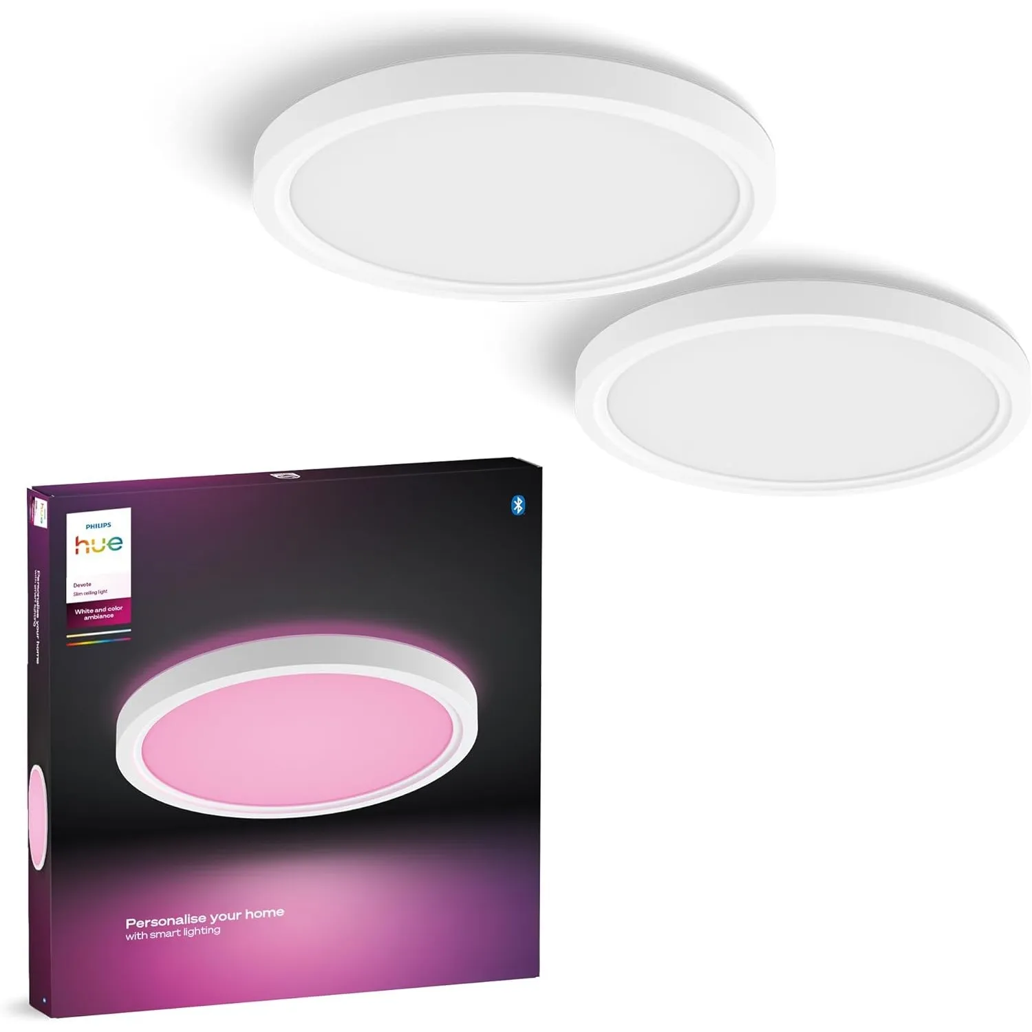 Philips Hue Devote Smart LED-Panel-Licht, weißes und farbiges Ambiente, rund 30cm, 16,6W, 2000 Lumen, weißer Rahmen für…