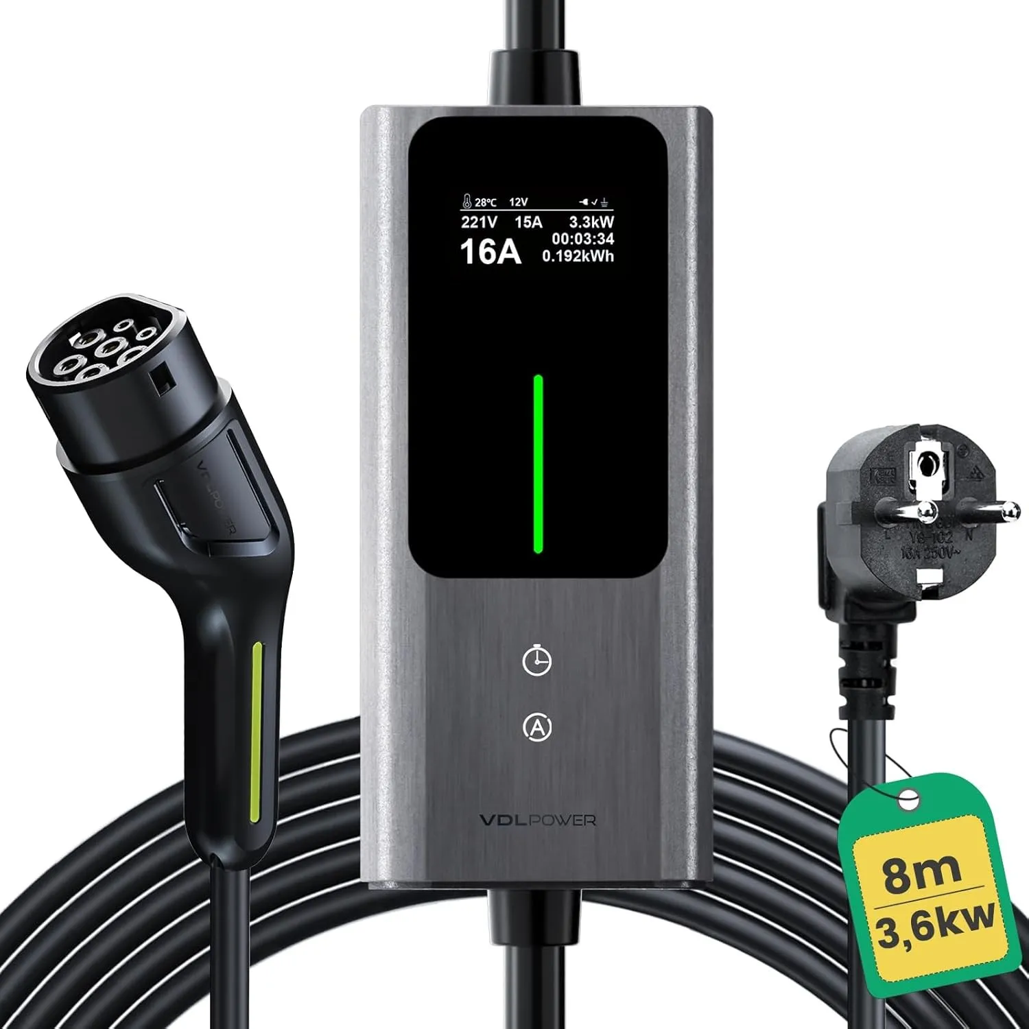 Typ 2 Ladekabel Schuko 3,68kW | 6-16A | 8M, 1-phasig EV Ladegerät Typ 2 Schuko mit Steuerbarer Digitalanzeige, E Auto L…