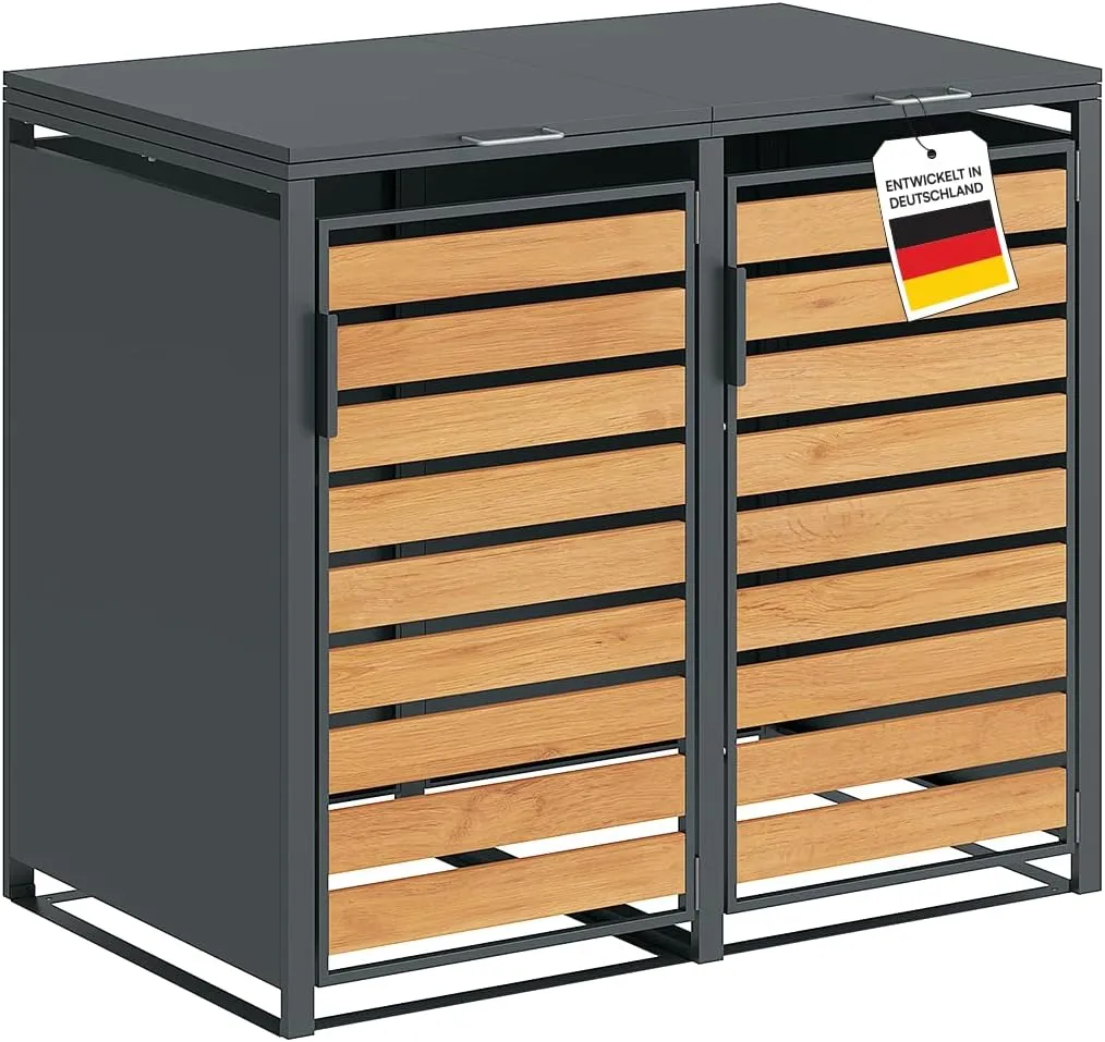 STEELSØN Kestra Wheelie Bin Box, 2 to 240 L, Steel Wheelie Bin Cover with Viewing Strips in Wood Look, High-Quality Bin…