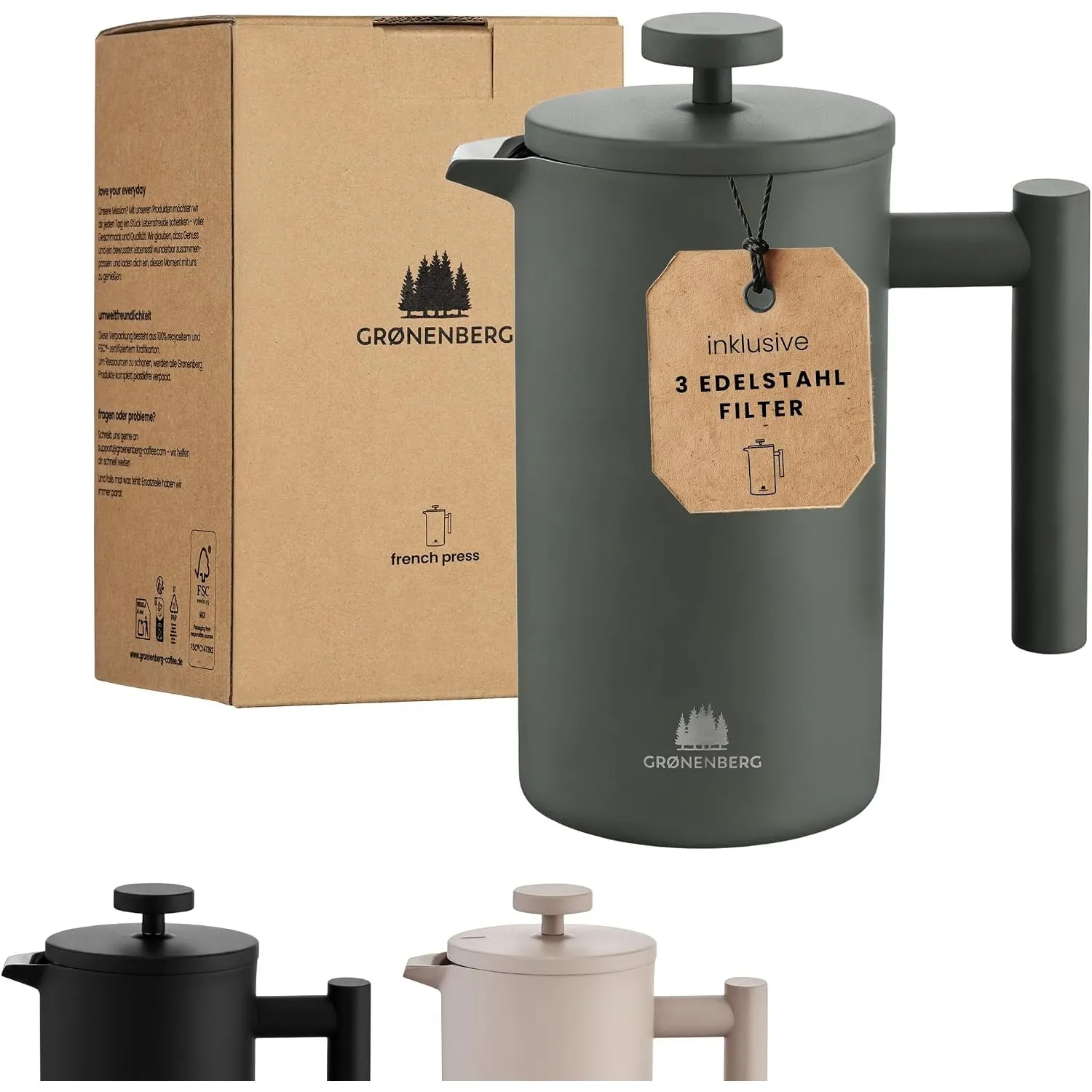 Groenenberg French Press Forest (grün) 600 ml o. 1 Liter I Hochwertige Kaffeepresse mit Thermo Warmhalte-Funktion I Ede…