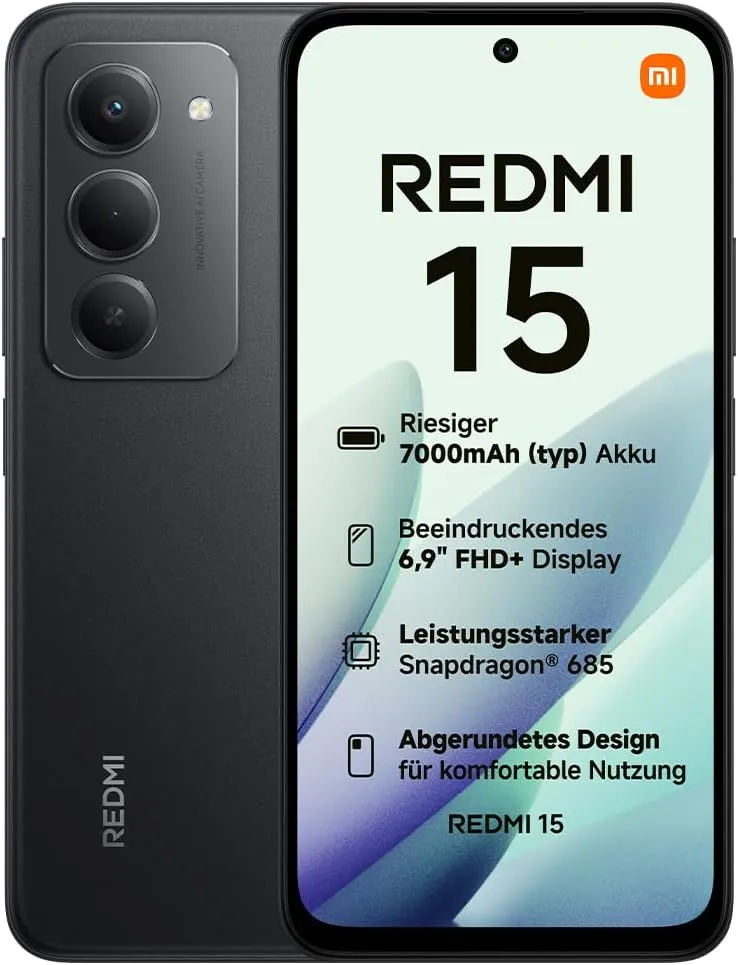 XIAOMI Redmi 15, Smartphone 8+256GB, 6,9" FHD+ 144Hz DotDisplay, Snapdragon 685, 50MP KI-Dualkamera, 7000mAh Akku, Midn…