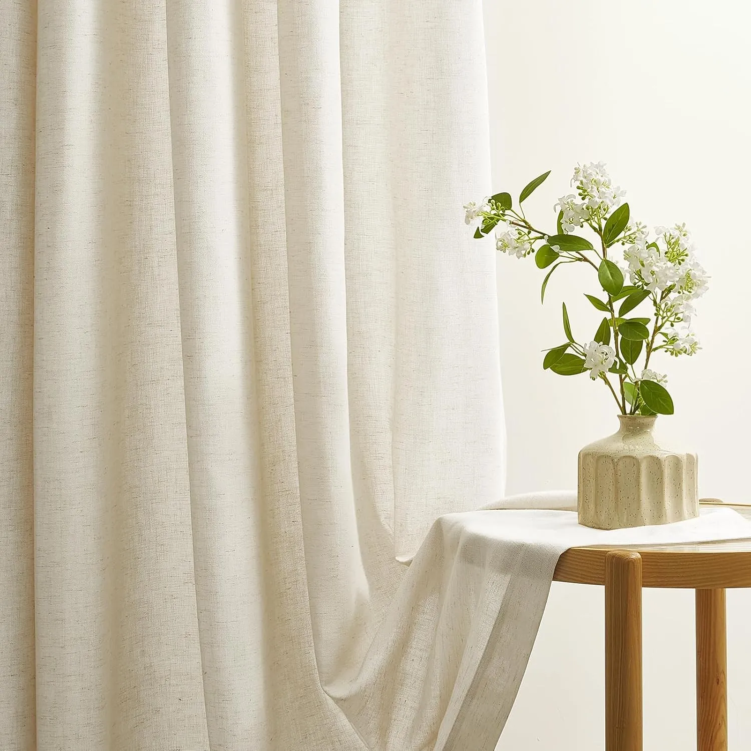 Topfinel Boho Gardinen Wohnzimmer Modern, Leinenoptik Vorhang mit Ösen Beige 2er Set H 240 x B 140 cm Voile Halbtranspa…
