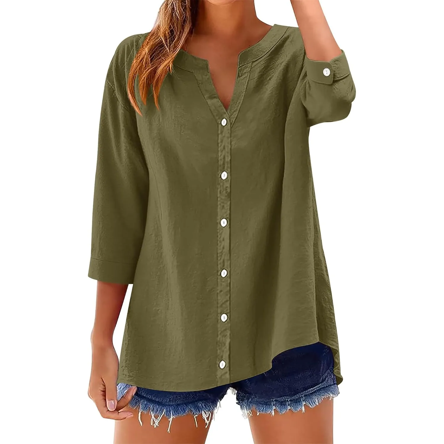 Rapbin Damen Bluse 3/4 Ärmel Baumwolle Leinenbluse V-Ausschnitt Knopfleiste | Leinen Bluse Damen Tunika Hemd Casual Loc…