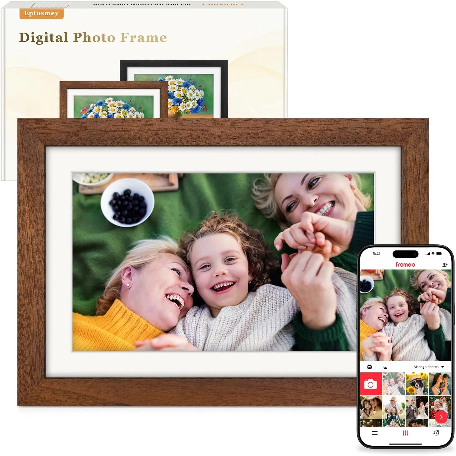 Frameo Digitaler Bilderrahmen WLAN 10.1 Zoll Walnussholz Elektronischer Bilderrahmen mit 32GB, 1280 * 800 HD IPS Touchs…