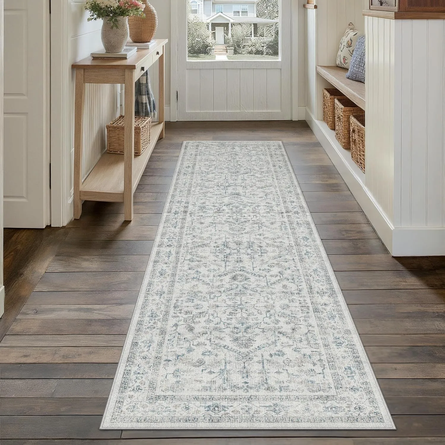 PureCozy Vintage Blau Teppich Läufer Flur 60x240cm Waschbar | Waschbarer Teppich, Weich Rutschfest, Kurzflor Boho, für …