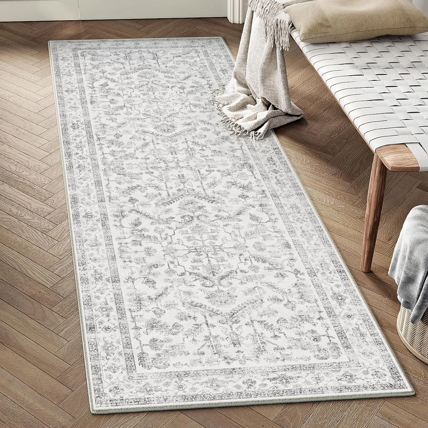 PureCozy Vintage Grauer Teppich Läufer Flur 60x180cm Waschbar | Waschbarer Teppich, Weich Rutschfest, Kurzflor Boho, fü…