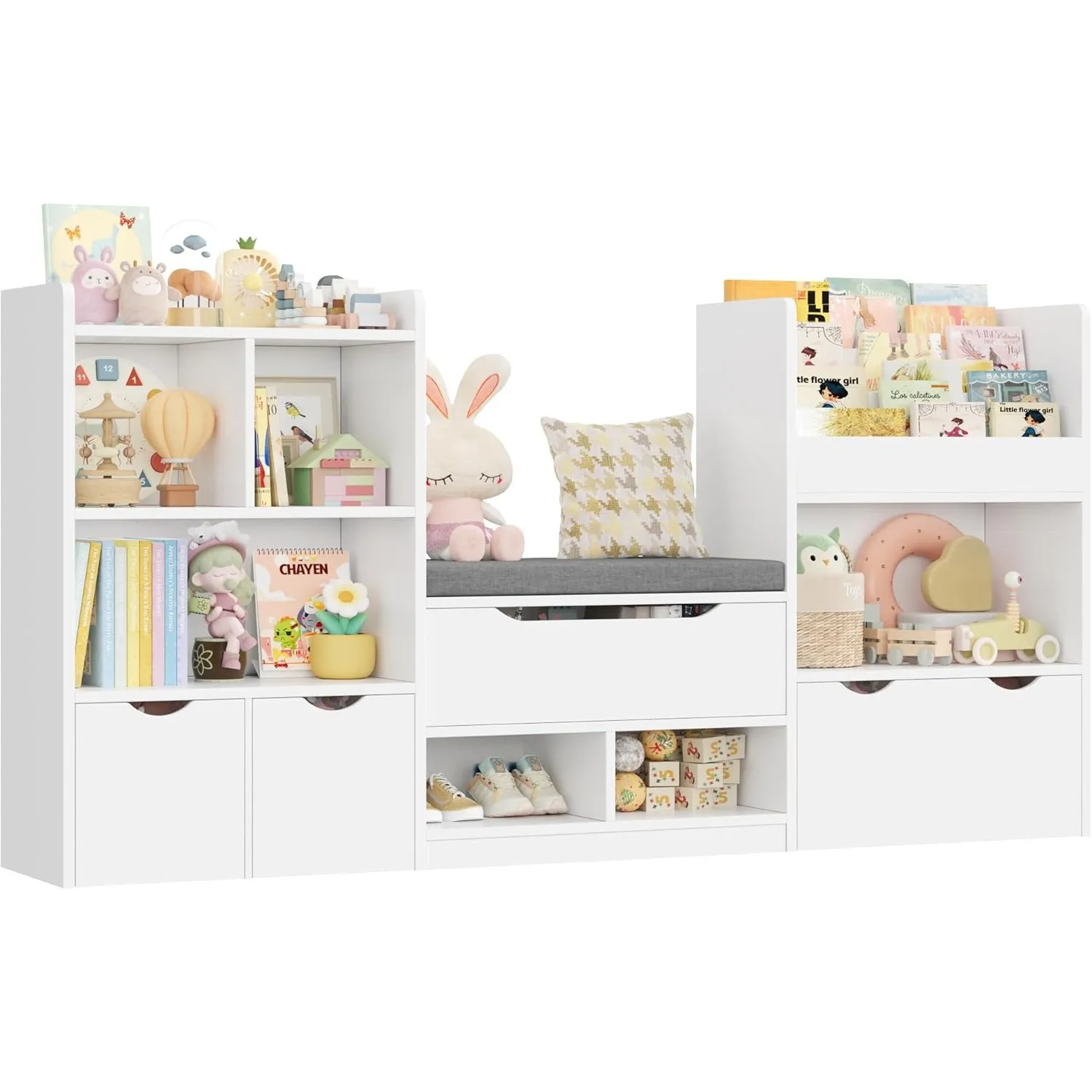 FOREHILL 183cm Breit Kinderregal mit Sitzbank, Regal für Kinderzimmer weiß