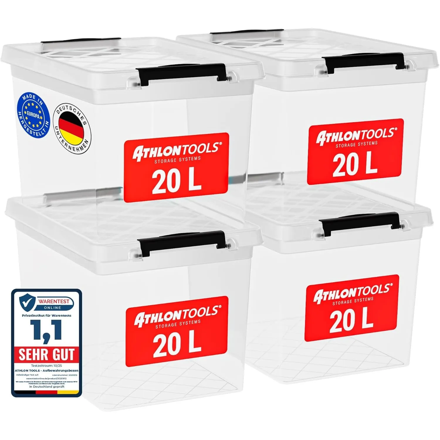 ATHLON TOOLS 4x 20 L Aufbewahrungsboxen mit Deckel, lebensmittelecht