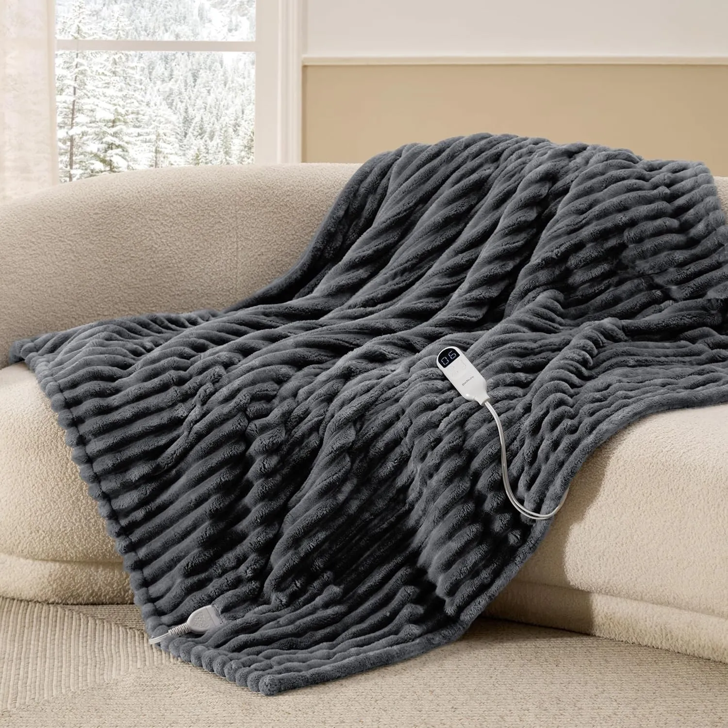 BEDSURE Heizdecke, Breitgestreift Dunkegrau - 130x180 cm