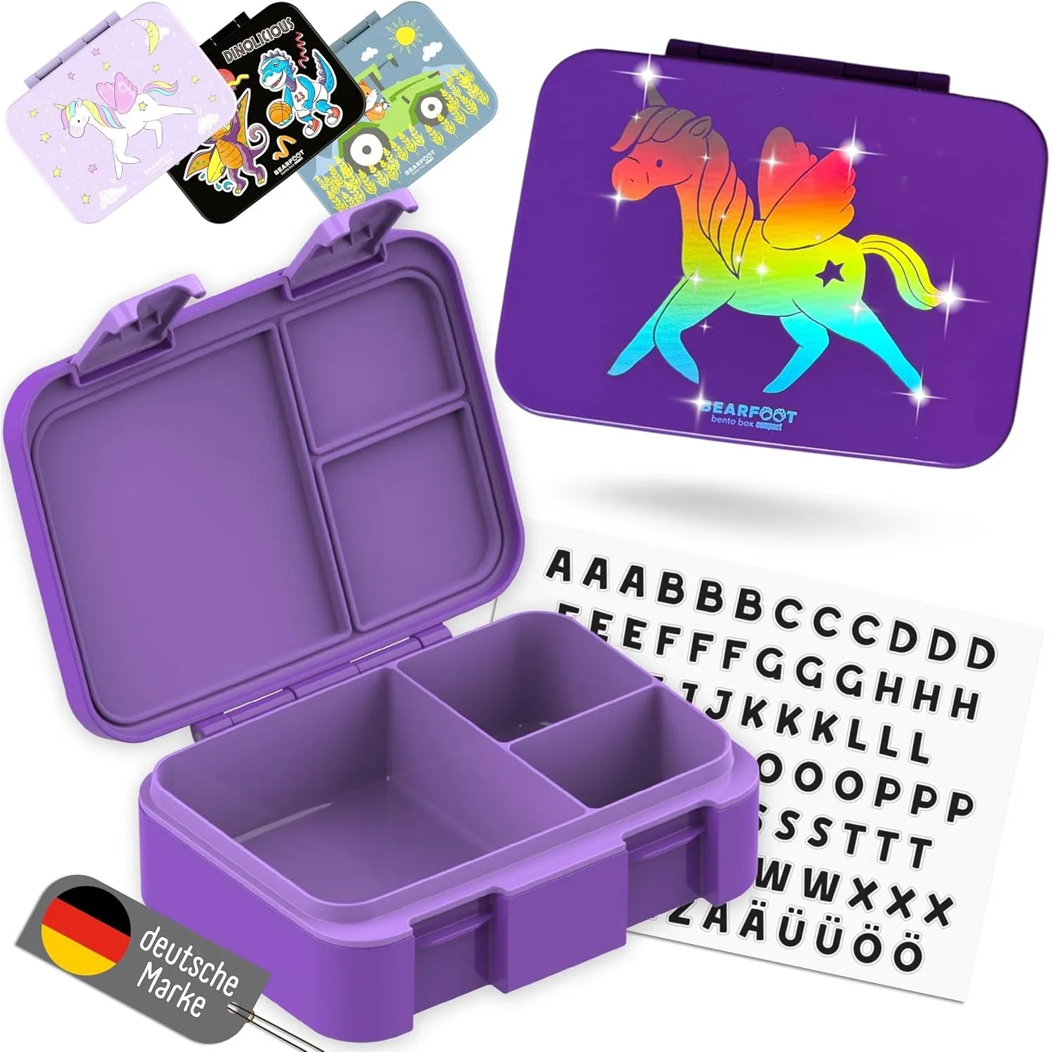 Bento Box COMPACT Kinder Brotdose (GLOW-Einhorn-dunkellila, 650 ml)