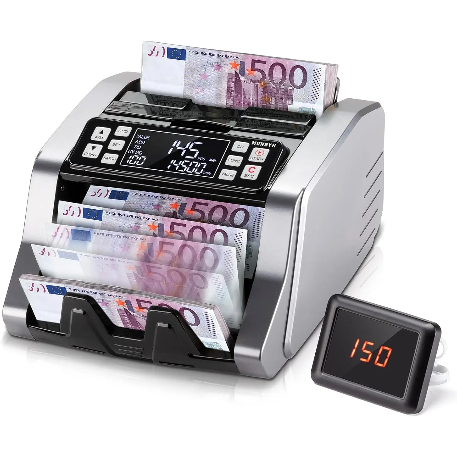 MUNBYN Geldzählmaschine Wertzählung EUR/USD 1100 Scheine/Min LED IMC20