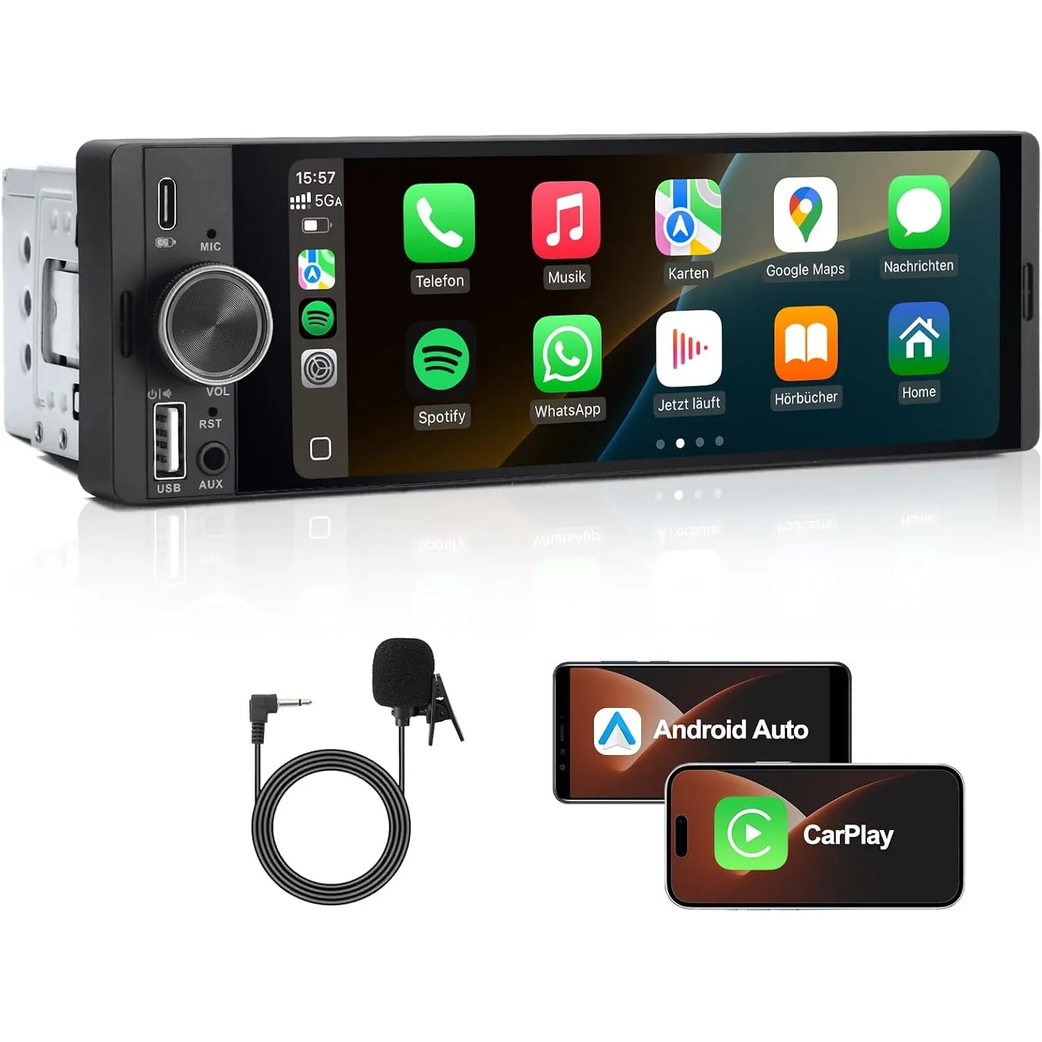 1 DIN Autoradio mit Wireless CarPlay & Android Auto, Auto Radio mit Bildschirm, GPS Navigation, FM, Bluetooth, Freispre…